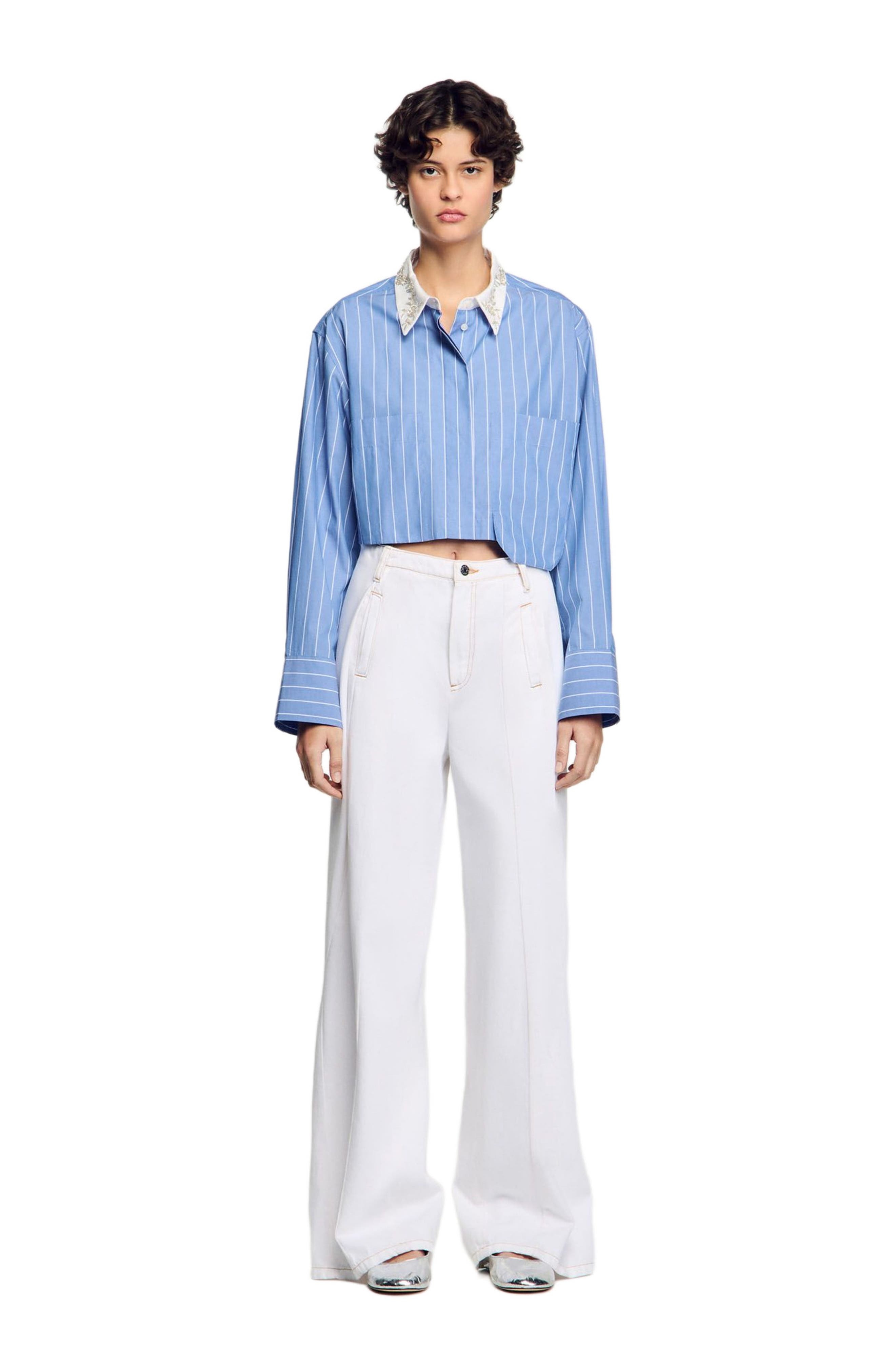 SANDRO Striped cropped shirt in Sky Blue at Nordstrom - 1