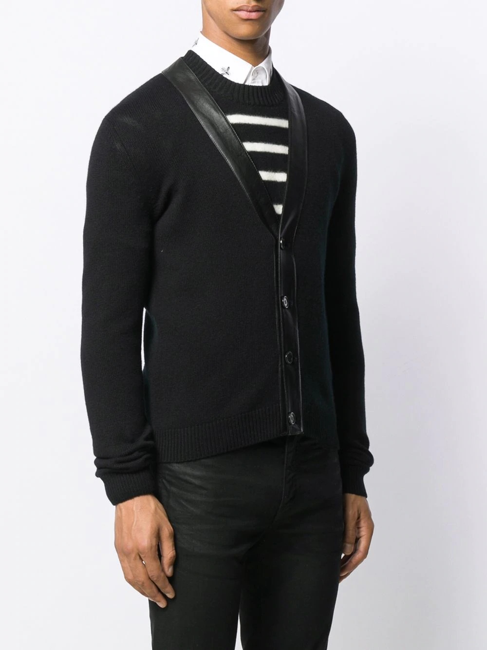 leather trim V-neck cardigan - 3