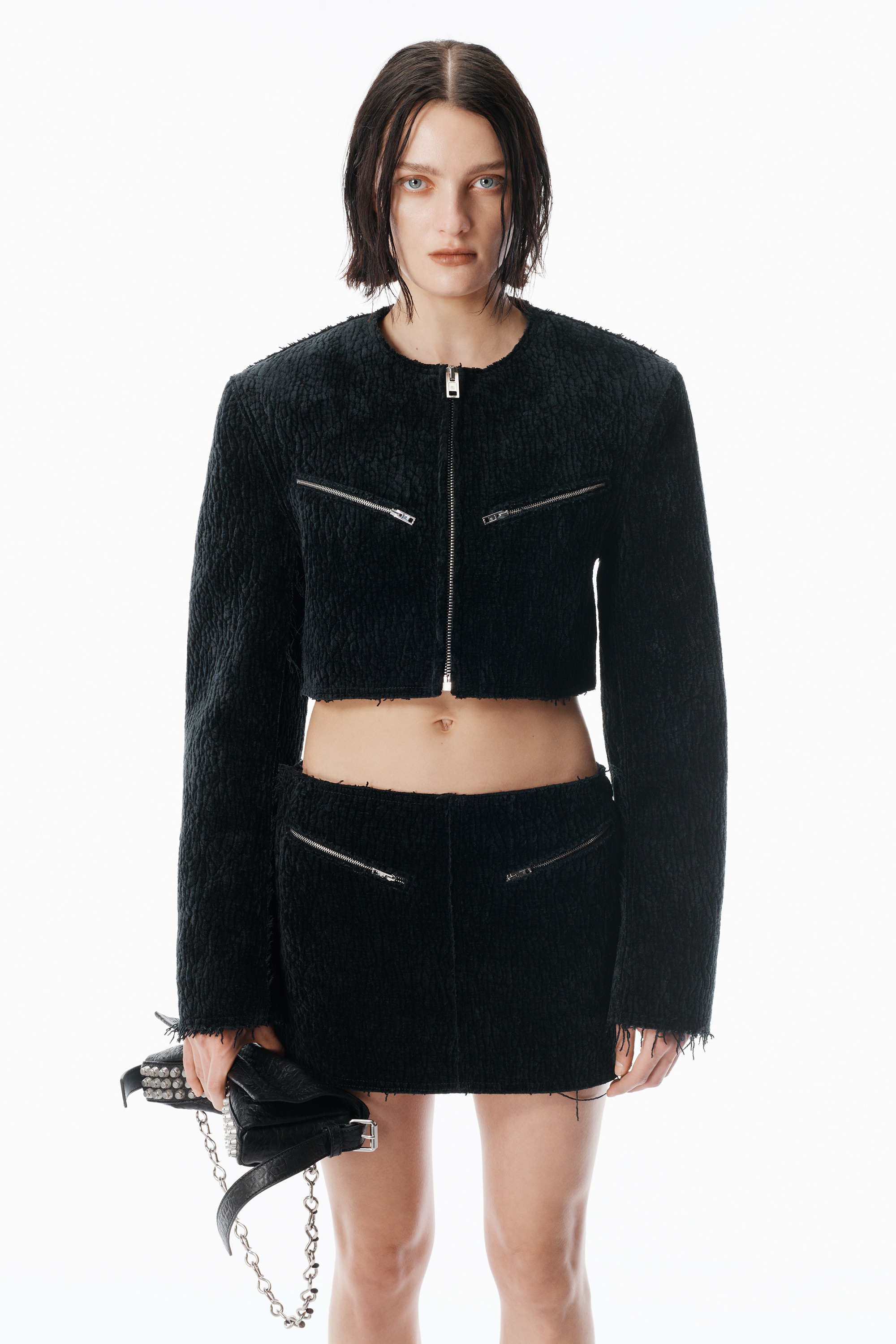Black Bubble Grain Velvet Mini Skirt - 3