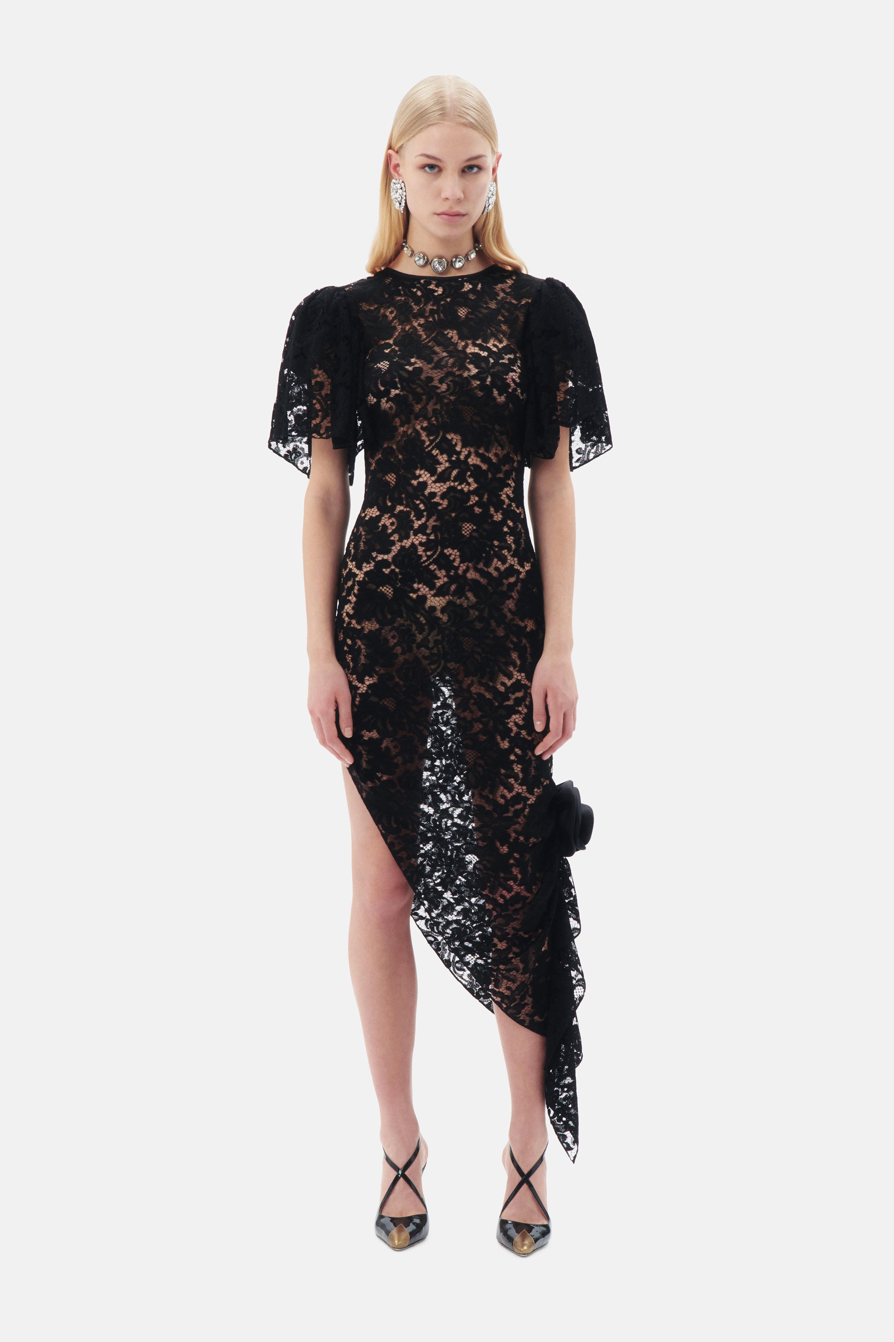 Alessandra Rich LACE DRESS WITH SPLIT AND ROSE | REVERSIBLE