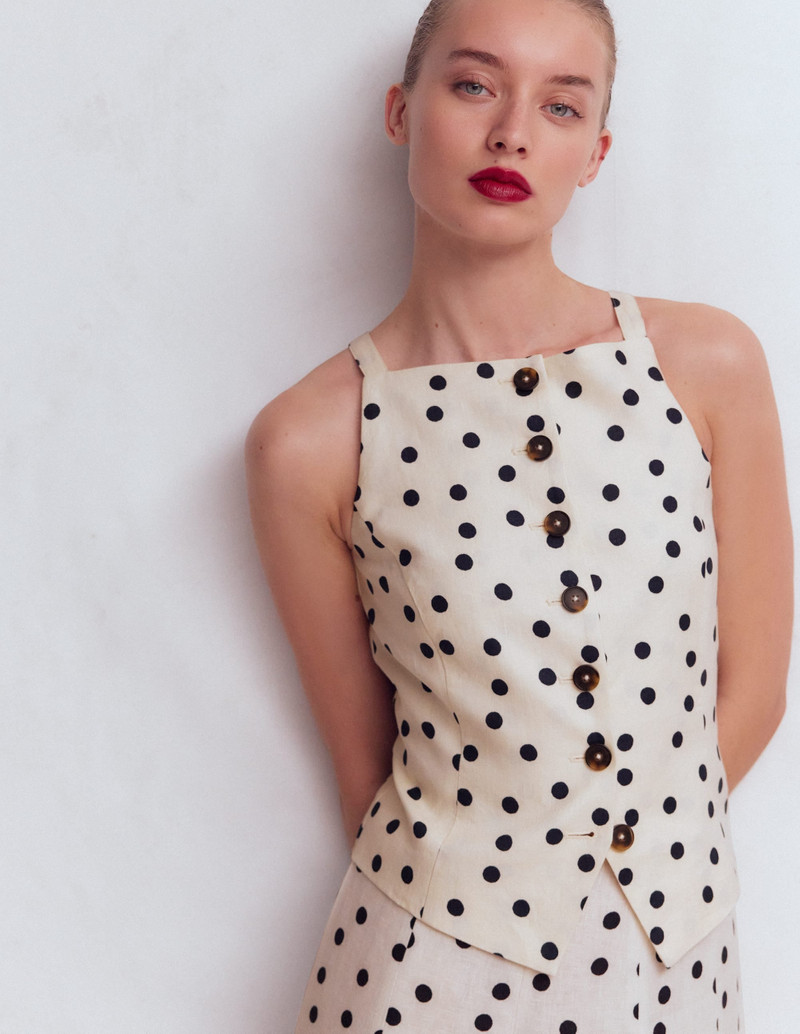 BODEN Square Neck Strap Waistcoat-Ivory, Painted Dot Spaced outlook