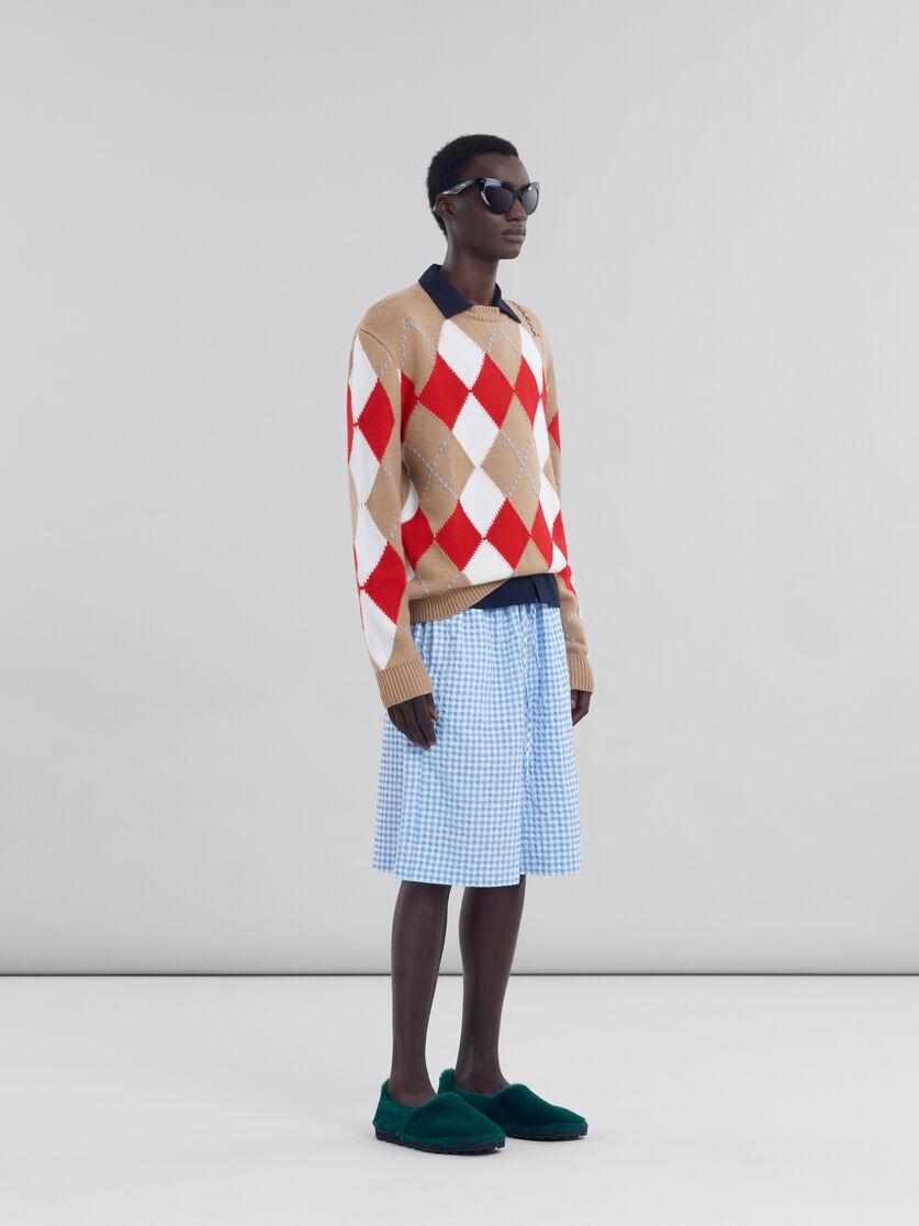 BEIGE CREW NECK WOOL JUMPER WITH ARGYLE MOTIF - 5