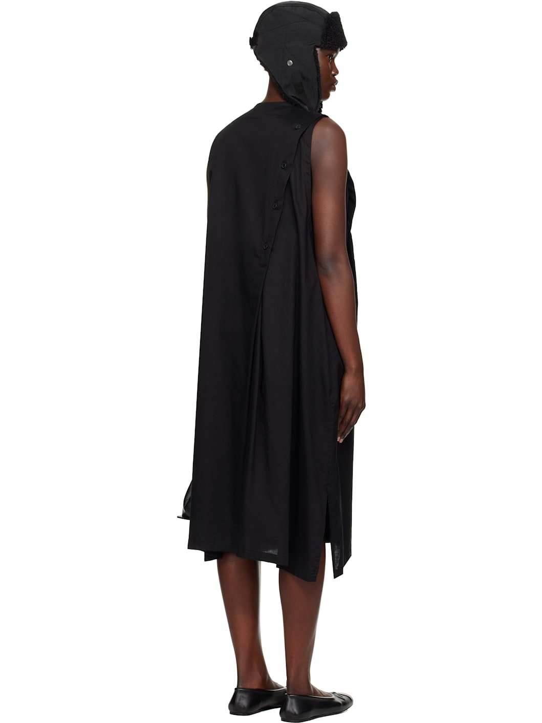 Black S-Asymmetric Button Midi Dress - 3