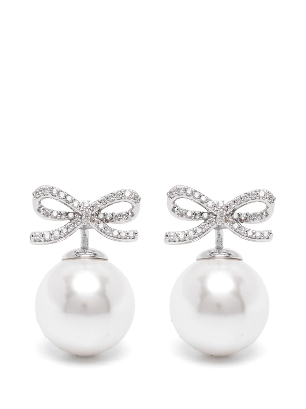 crystal-embellished bow pearl earrings - 1