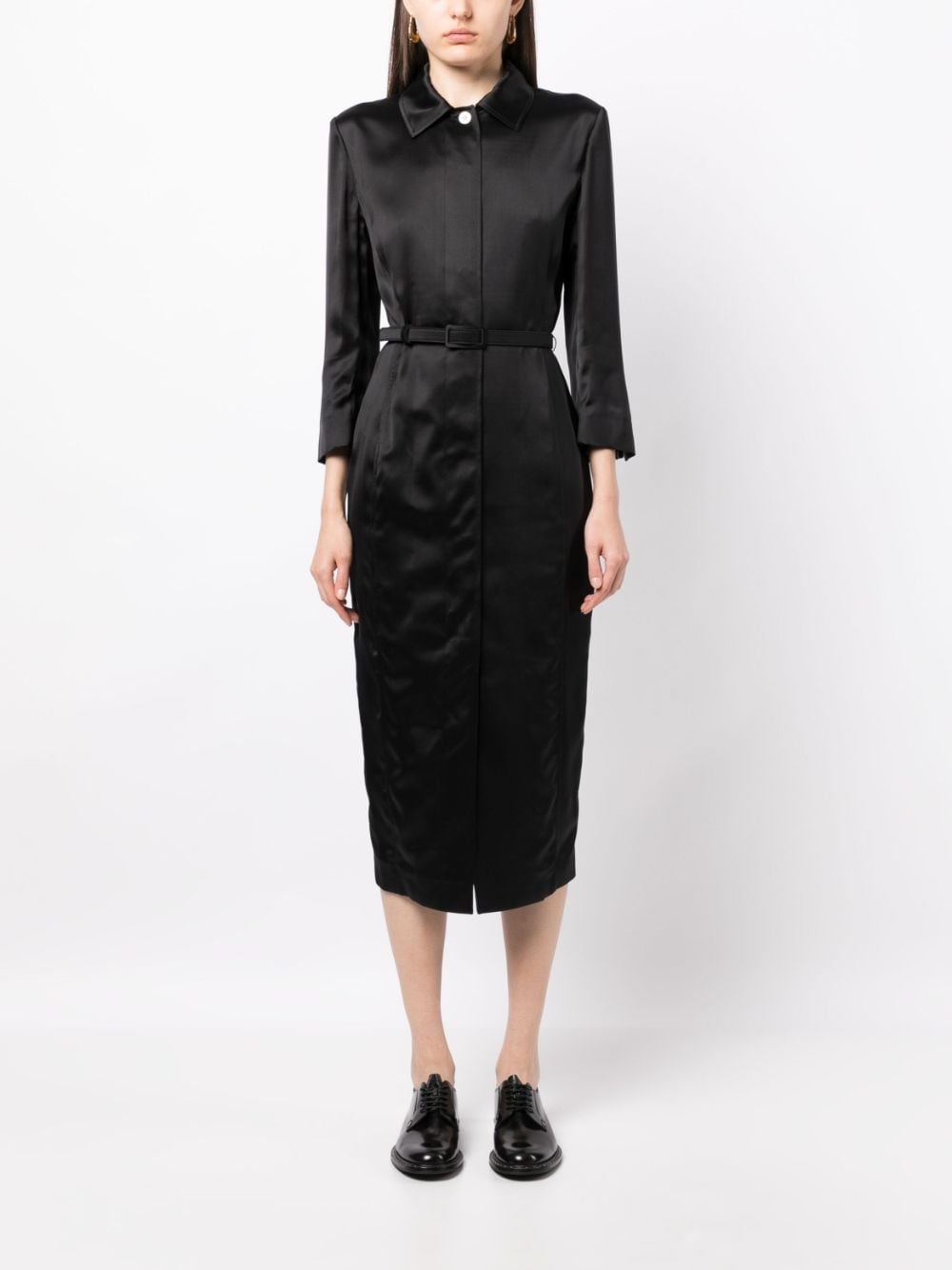 belted-waist satin shirtdress - 2