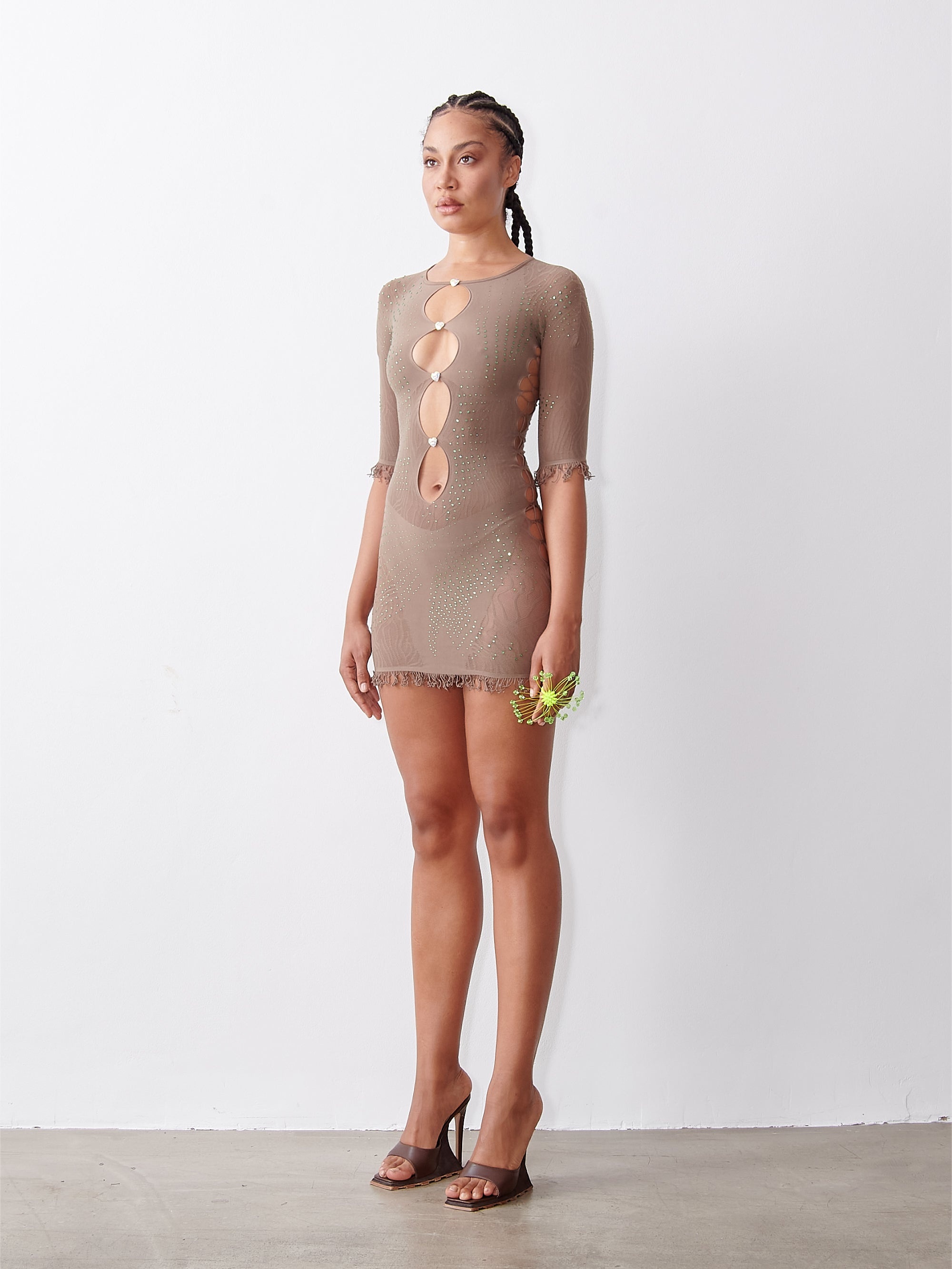 RHINESTONED MIRANDA DRESS TRUFFLE - 4