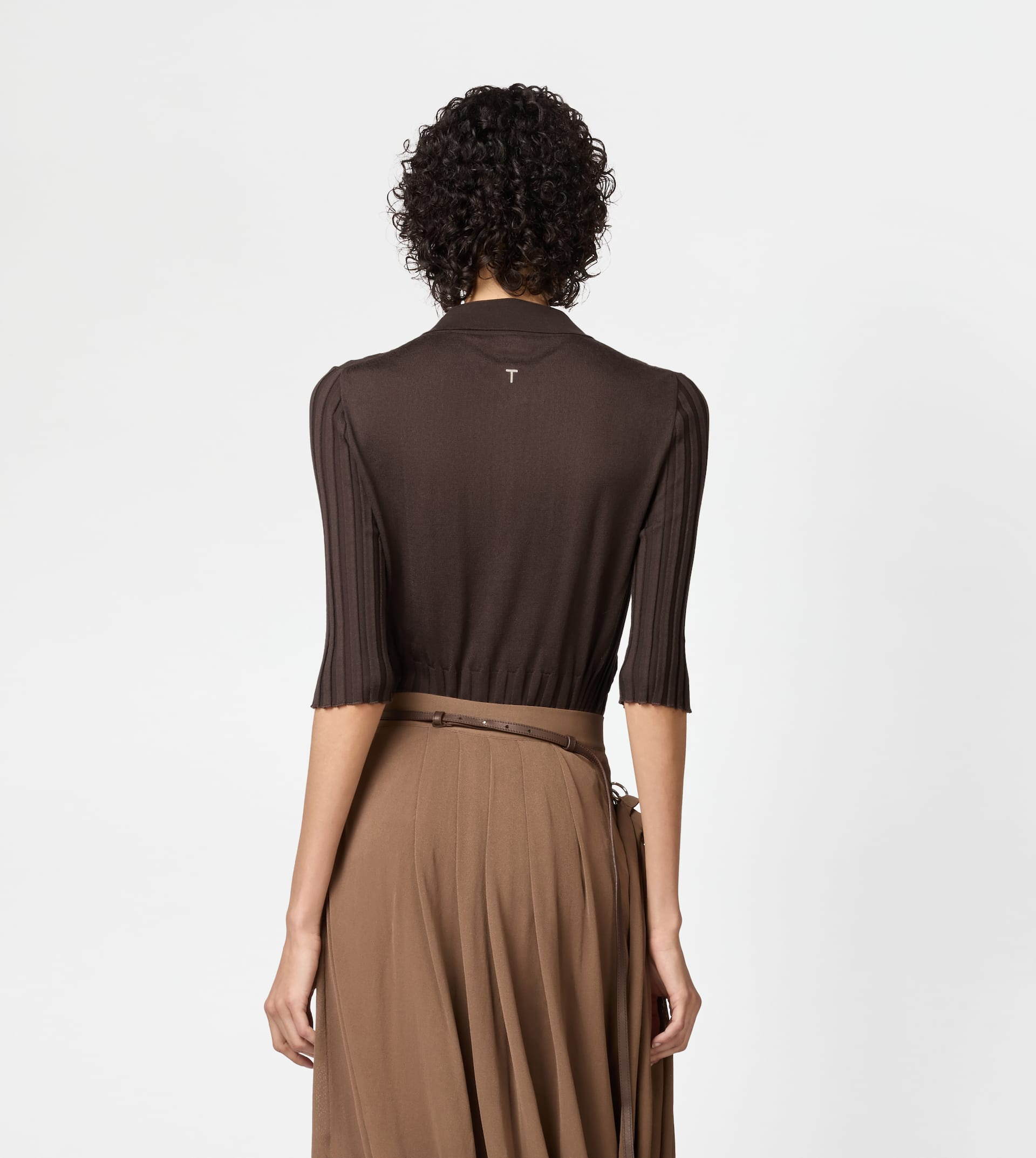 HALF-LENGTH SLEEVED POLO SHIRT IN SILK - BROWN - 3