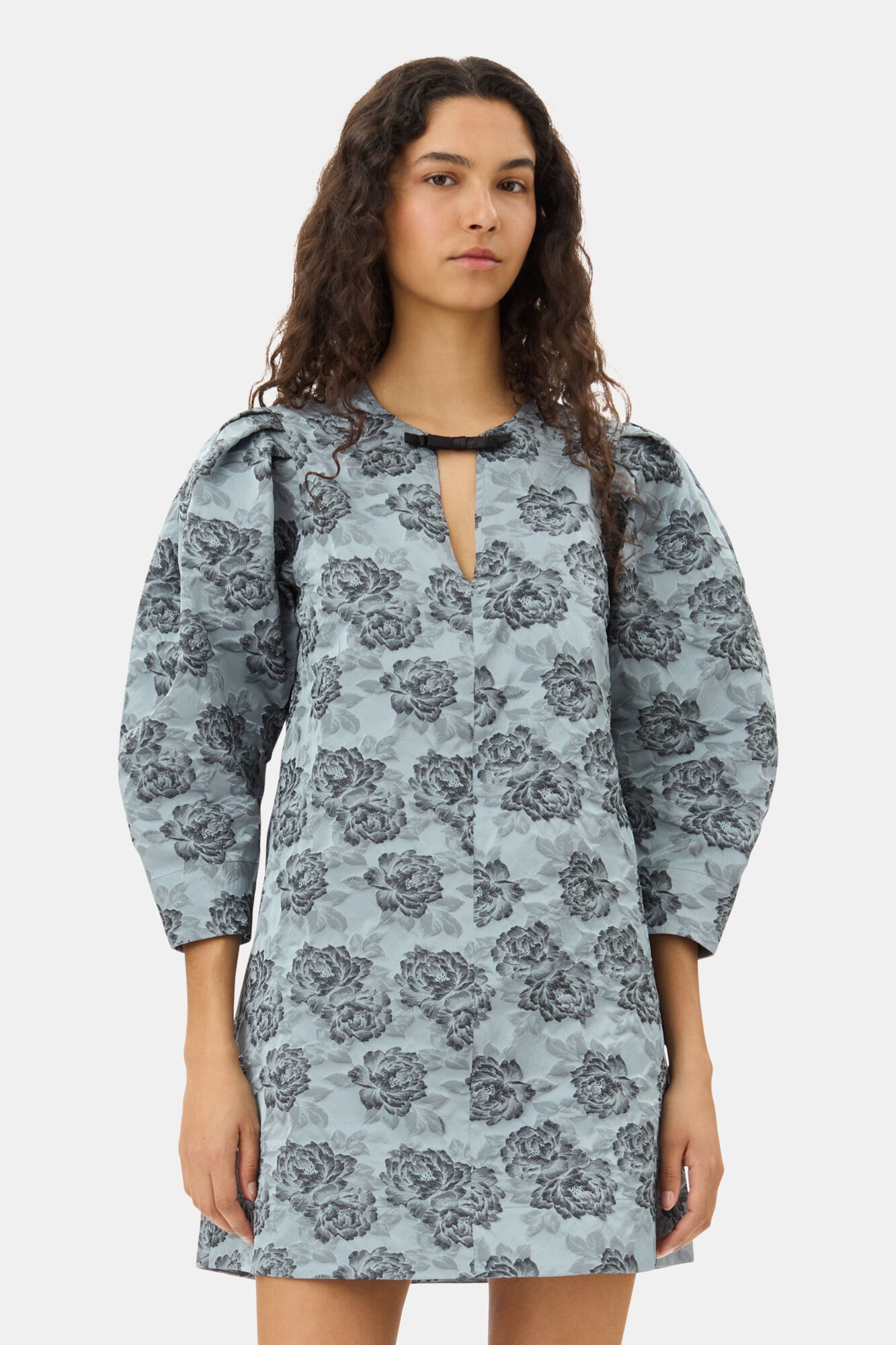 BLUE FLORAL JACQUARD A-LINE MINI DRESS - 3