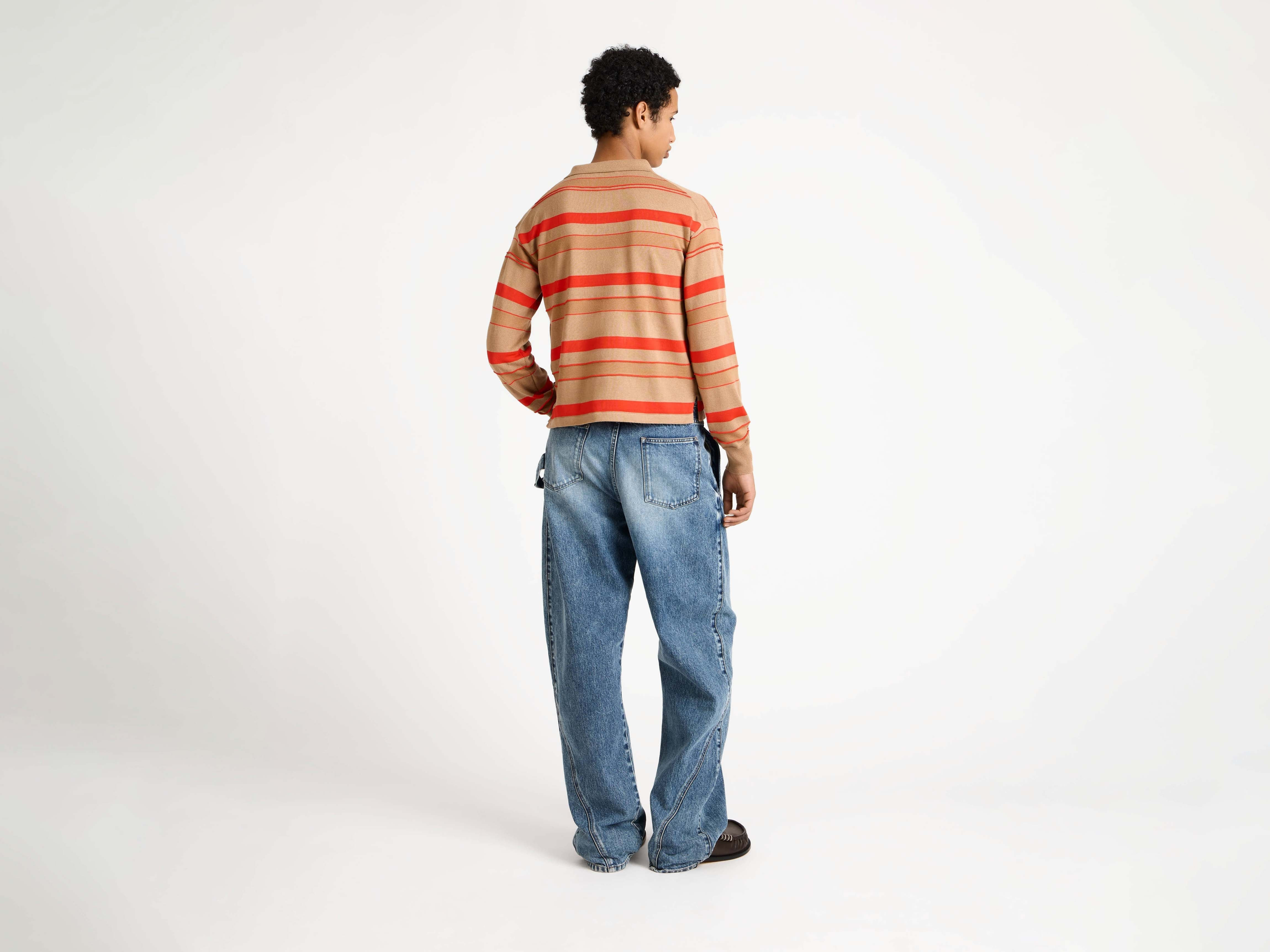 KNITTED STRIPED RUGBY POLO TOP IN BISCUIT - 3