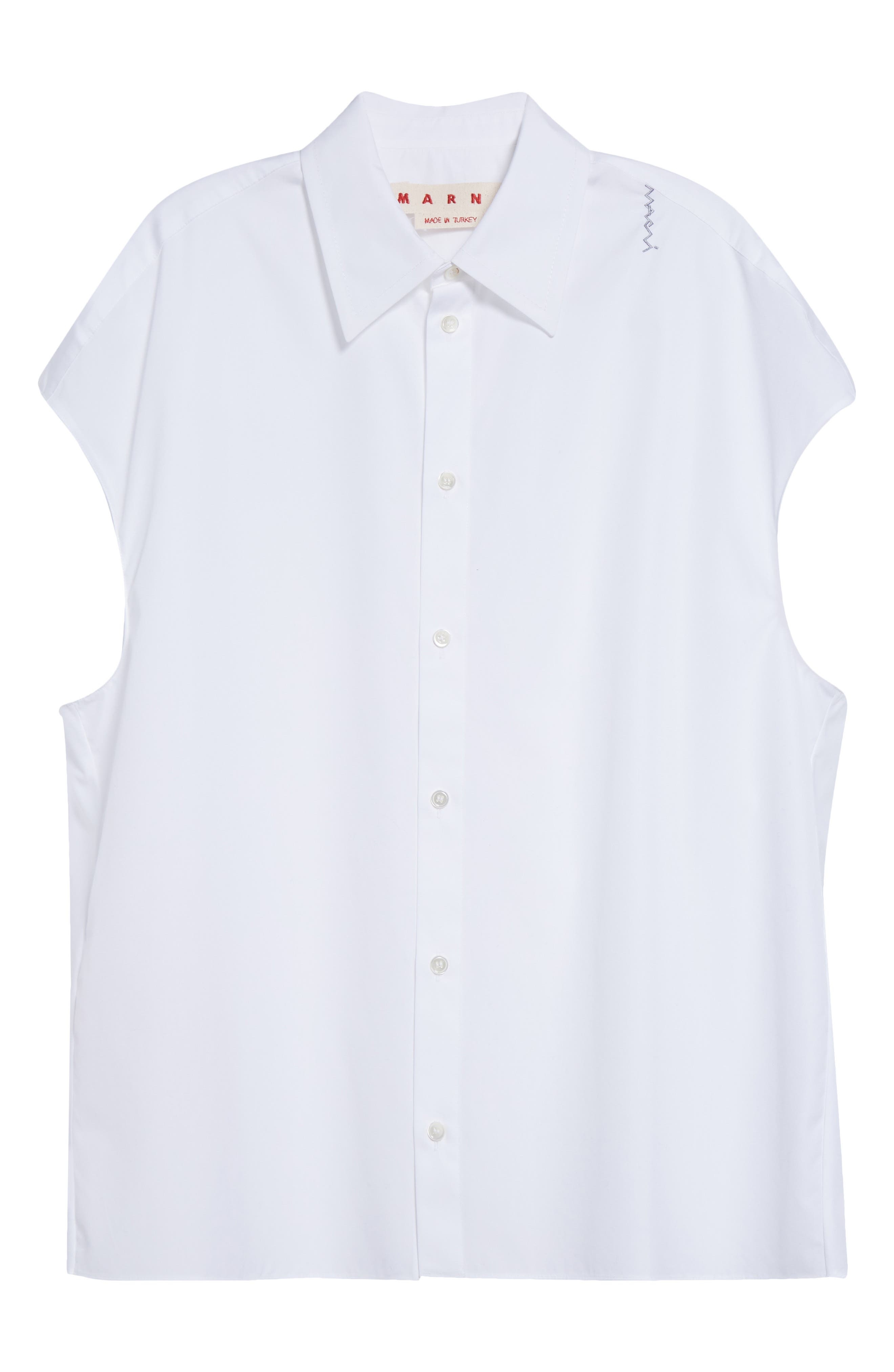 Marni Embroidered Logo Sleeveless Cotton Poplin Cocoon Shirt in Lily/White at Nordstrom - 6