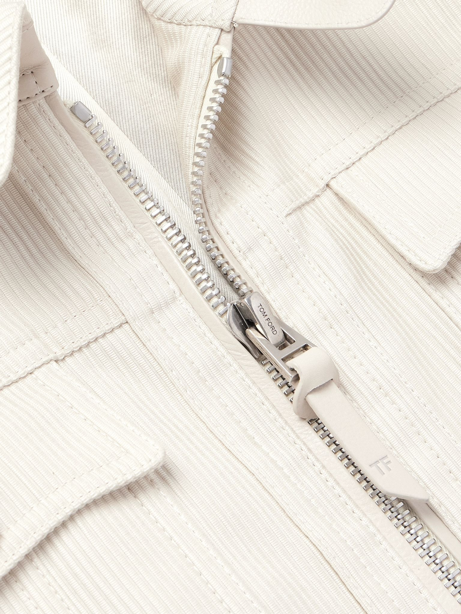 Slim-Fit Leather-Trimmed Cotton-Corduroy Jacket Cream - 4