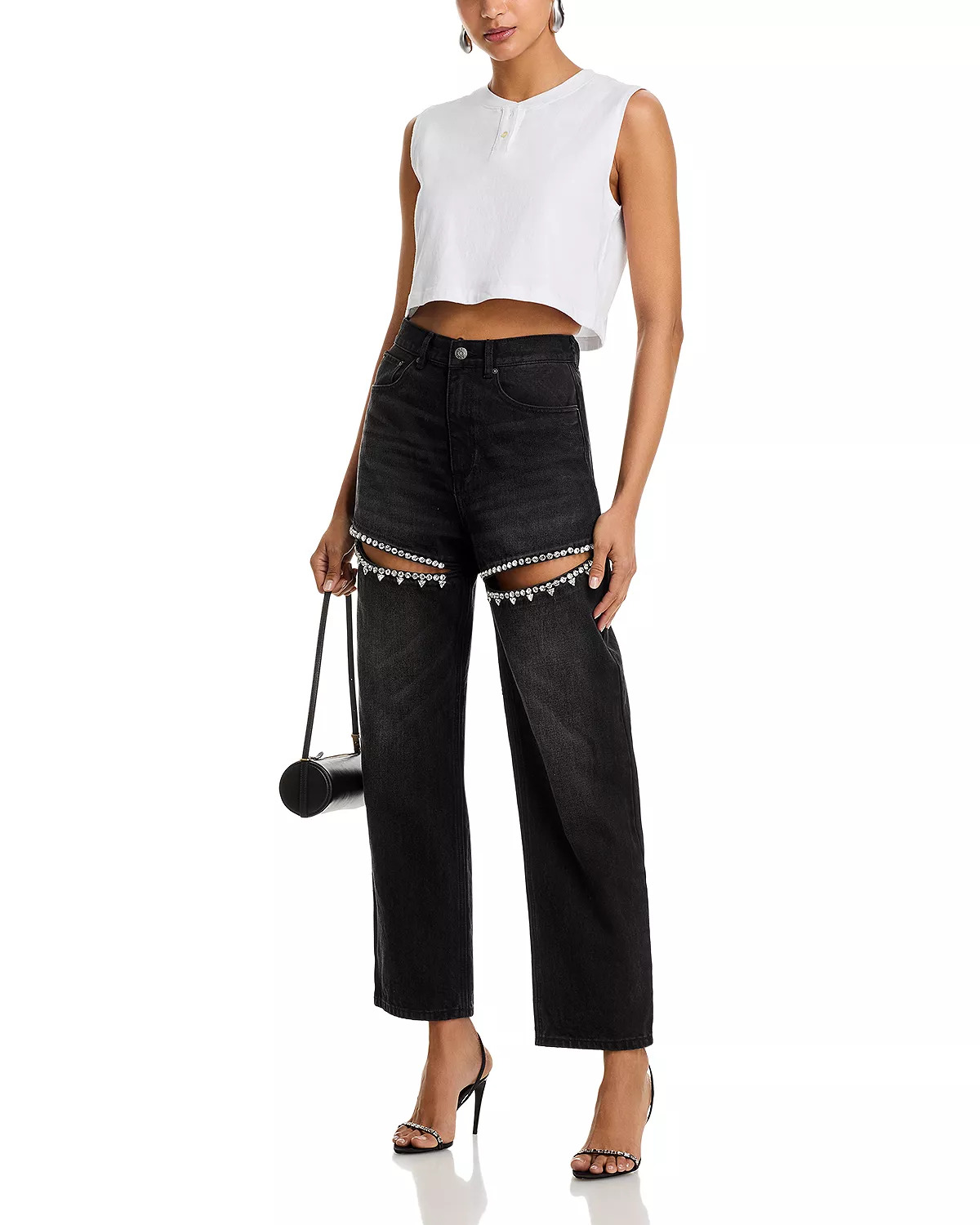 Crystal Slit Jeans in Black - 2