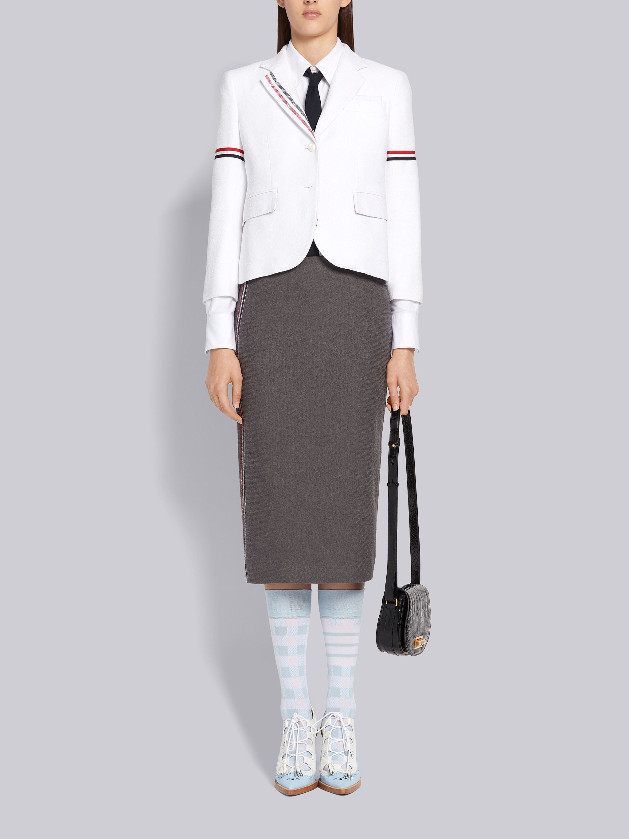 Dark Grey Cotton Boucle Suiting Side Engineered Stripe Knee Length Sheath Pencil Skirt - 4