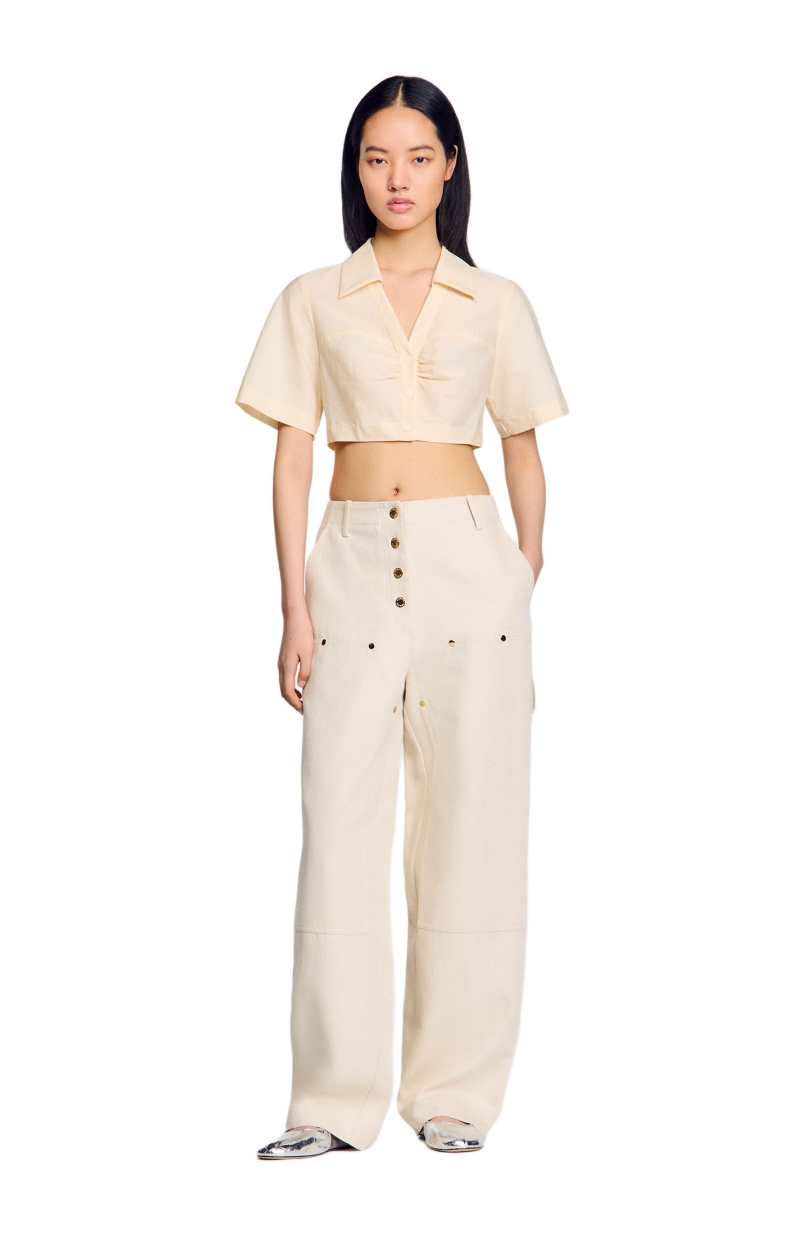 SANDRO Cropped gathered shirt in Ecru at Nordstrom - 6