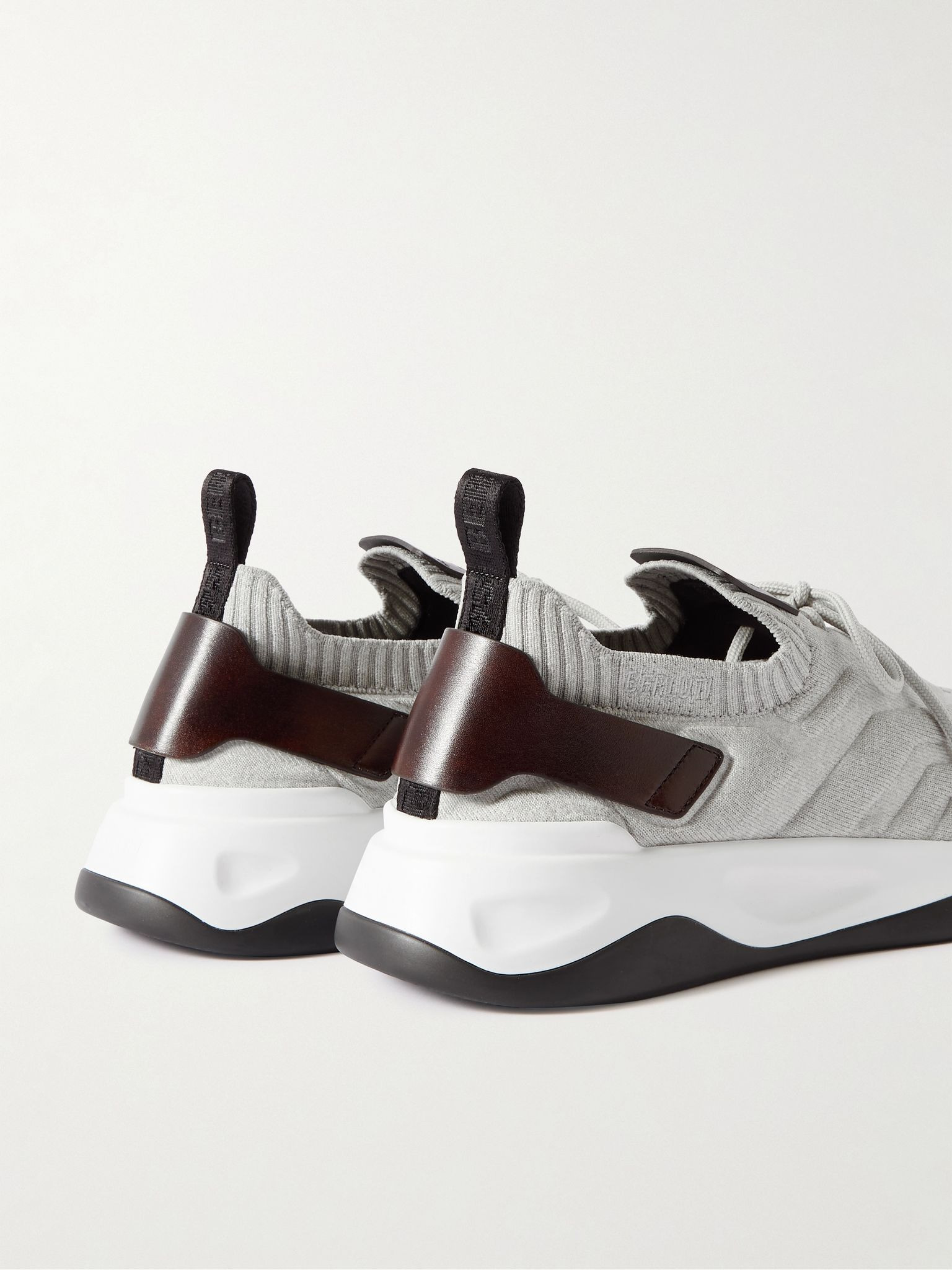 Shadow Leather-Trimmed Stretch-Knit Sneakers Gray - 5