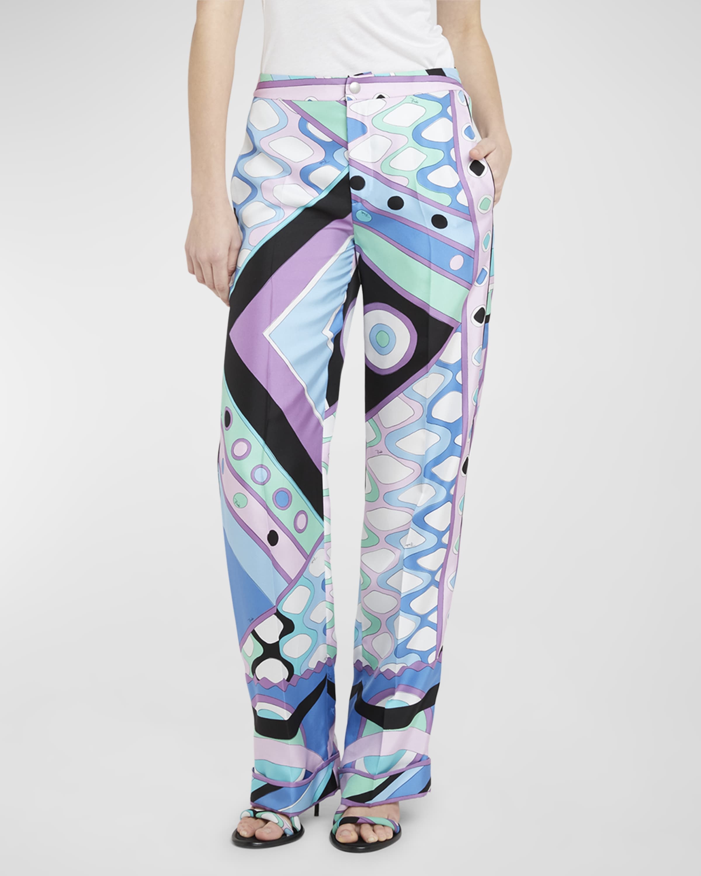 Mid-Rise Abstract-Print Straight-Leg Satin Pajama Trousers - 2