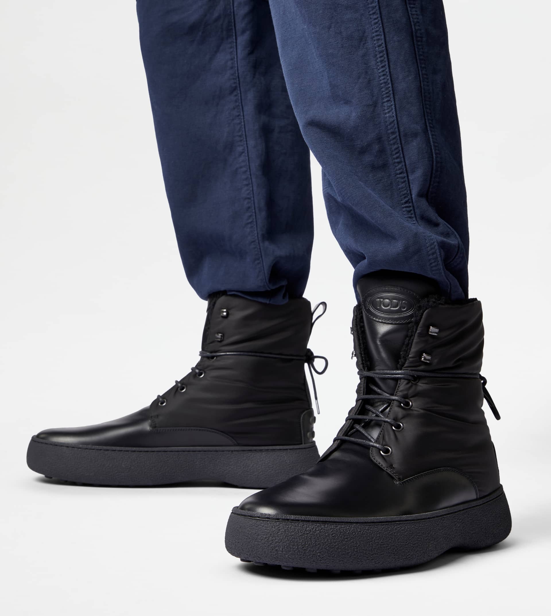 TOD'S W. G. LACE-UP ANKLE BOOTS IN LEATHER AND FABRIC - BLACK - 7