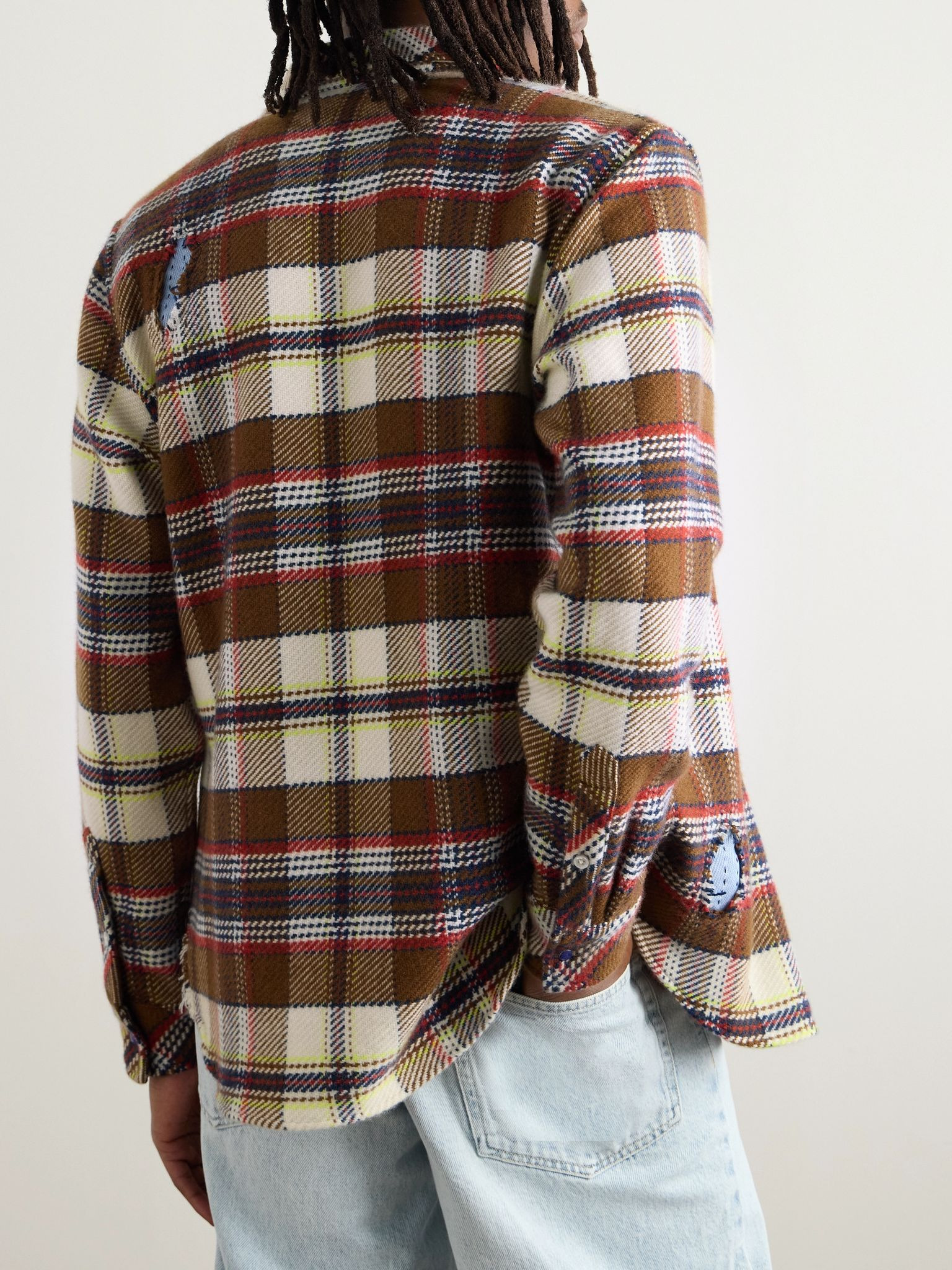 Distressed Checked Cashmere Shirt Brown - 3