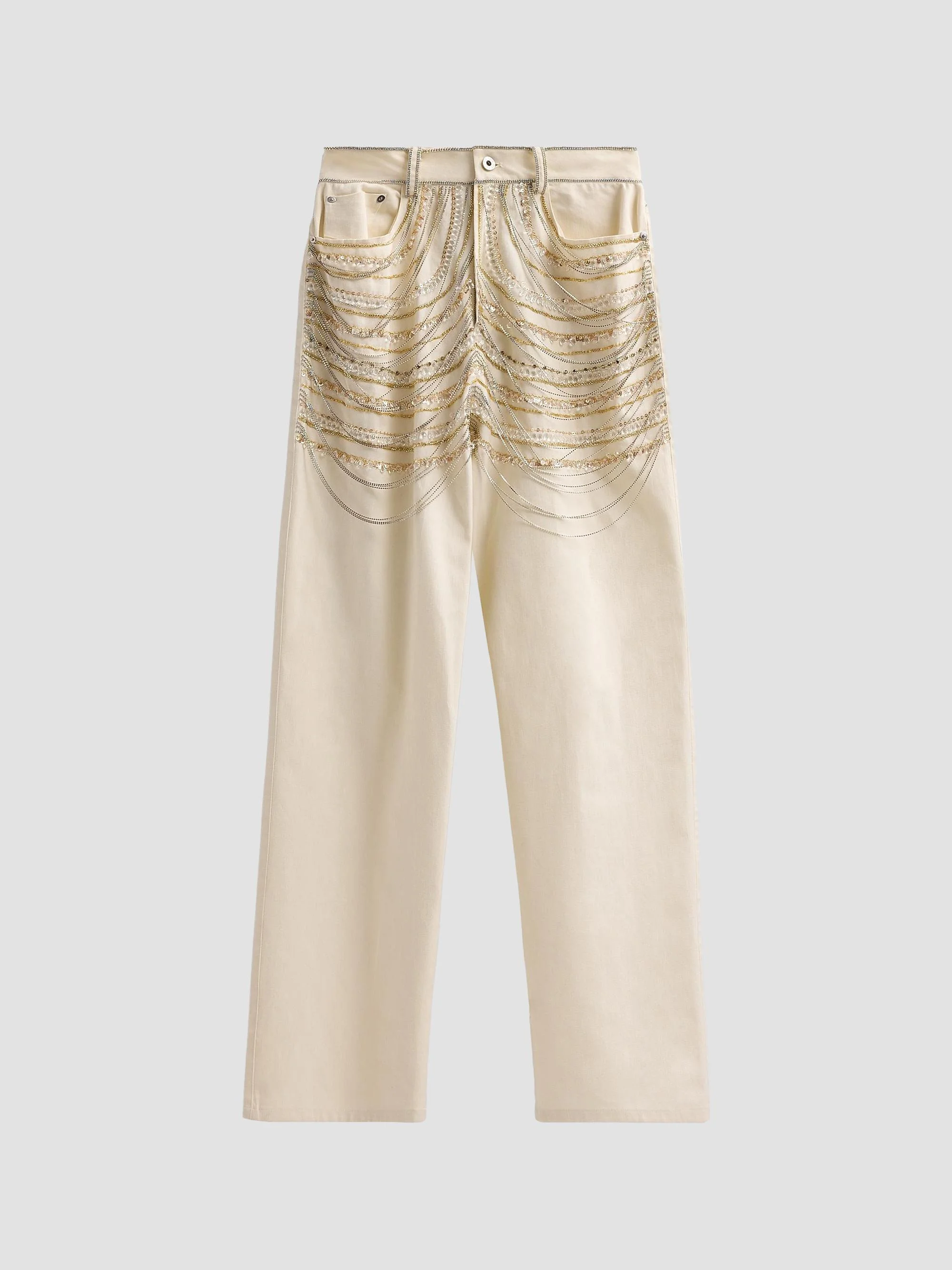 Women's Beaded Chains Straight-Leg Jeans - Cream - 1