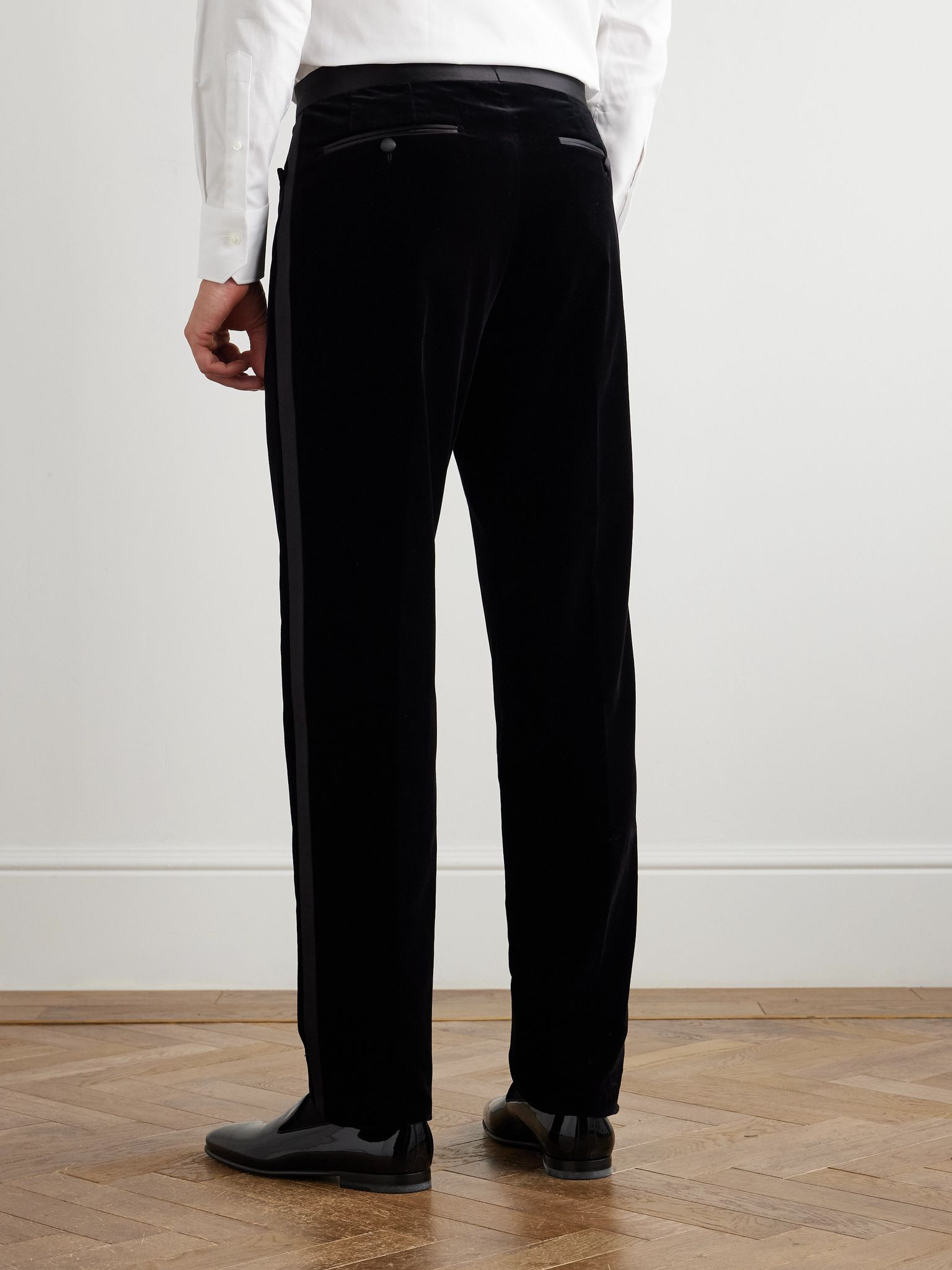 Atticus Straight-Leg Satin-Trimmed Cotton-Velvet Tuxedo Trousers Black - 4
