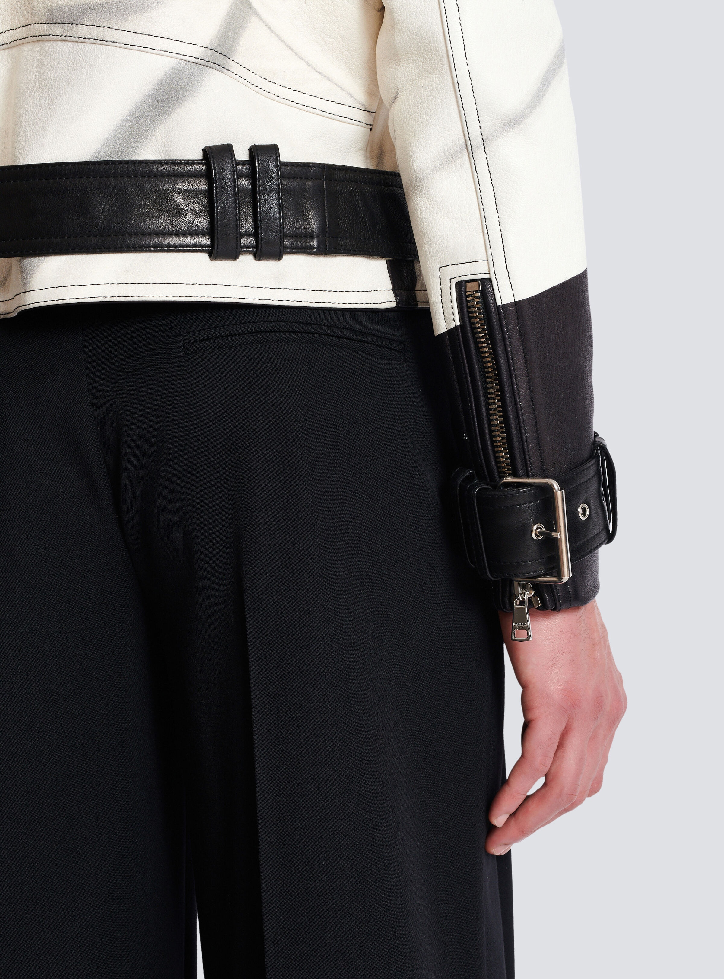 Leather biker jacket with trompe-l'œil T-shirt print - 6