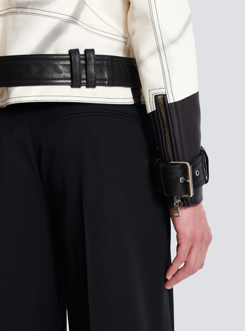 Leather biker jacket with trompe-l'œil T-shirt print 6