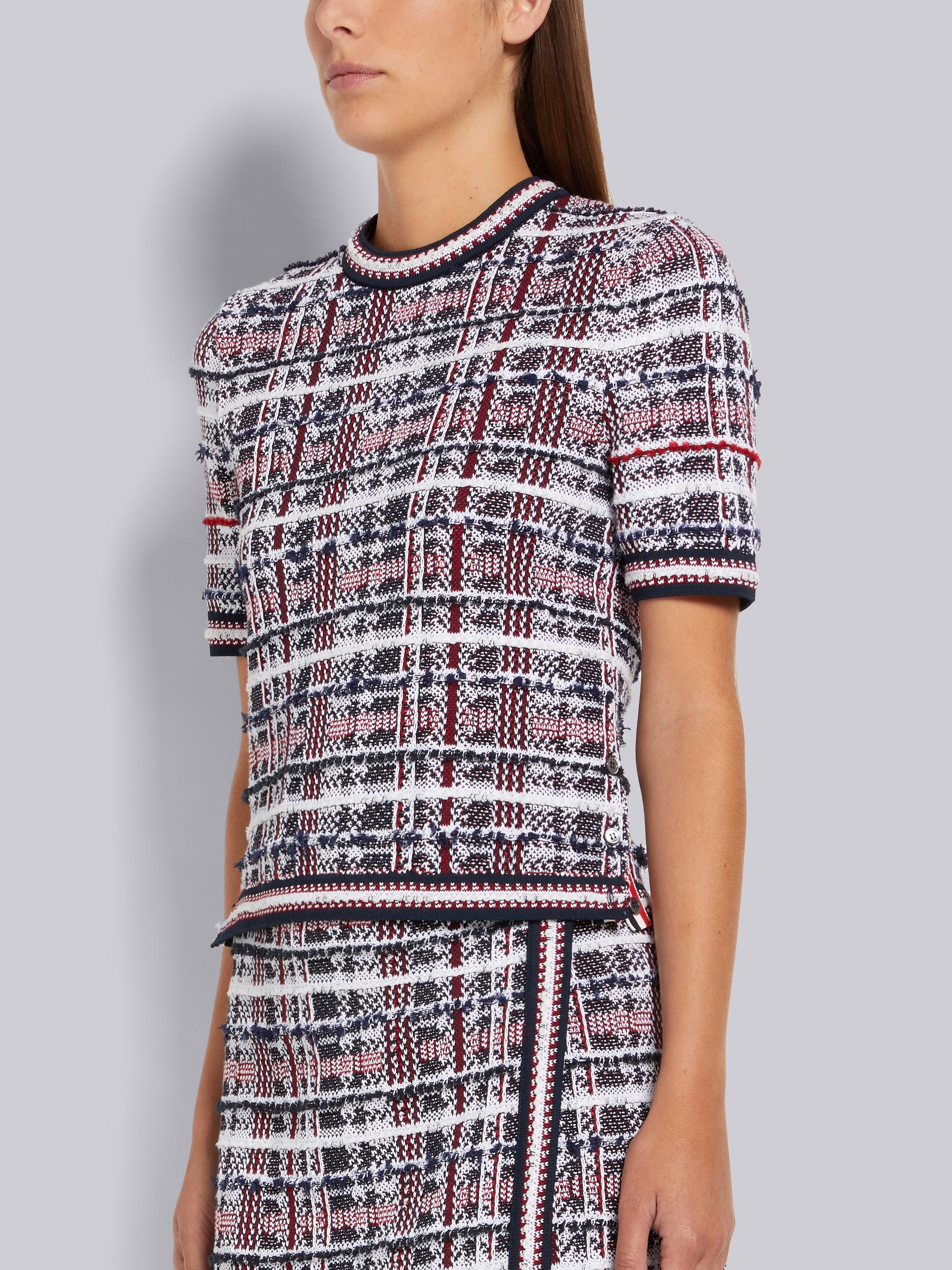 Multicolor Hairline Madras Check Jacquard Stripe Inlay Short Sleeve Pullover - 2