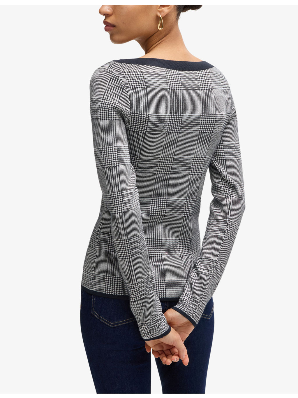 Plaid boat-neck stretch-knit top - 4
