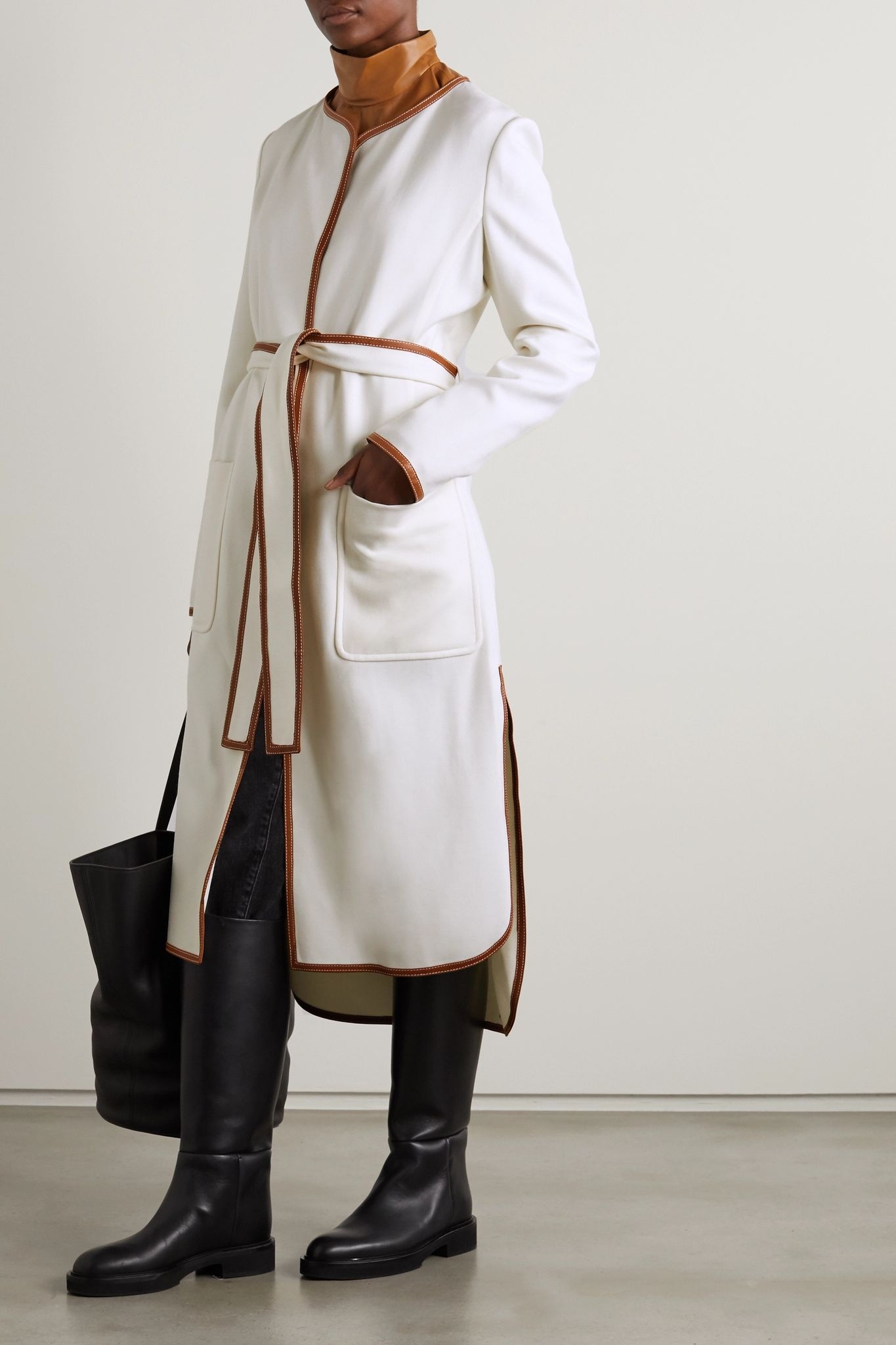 Iman belted leather-trimmed twill coat - 2