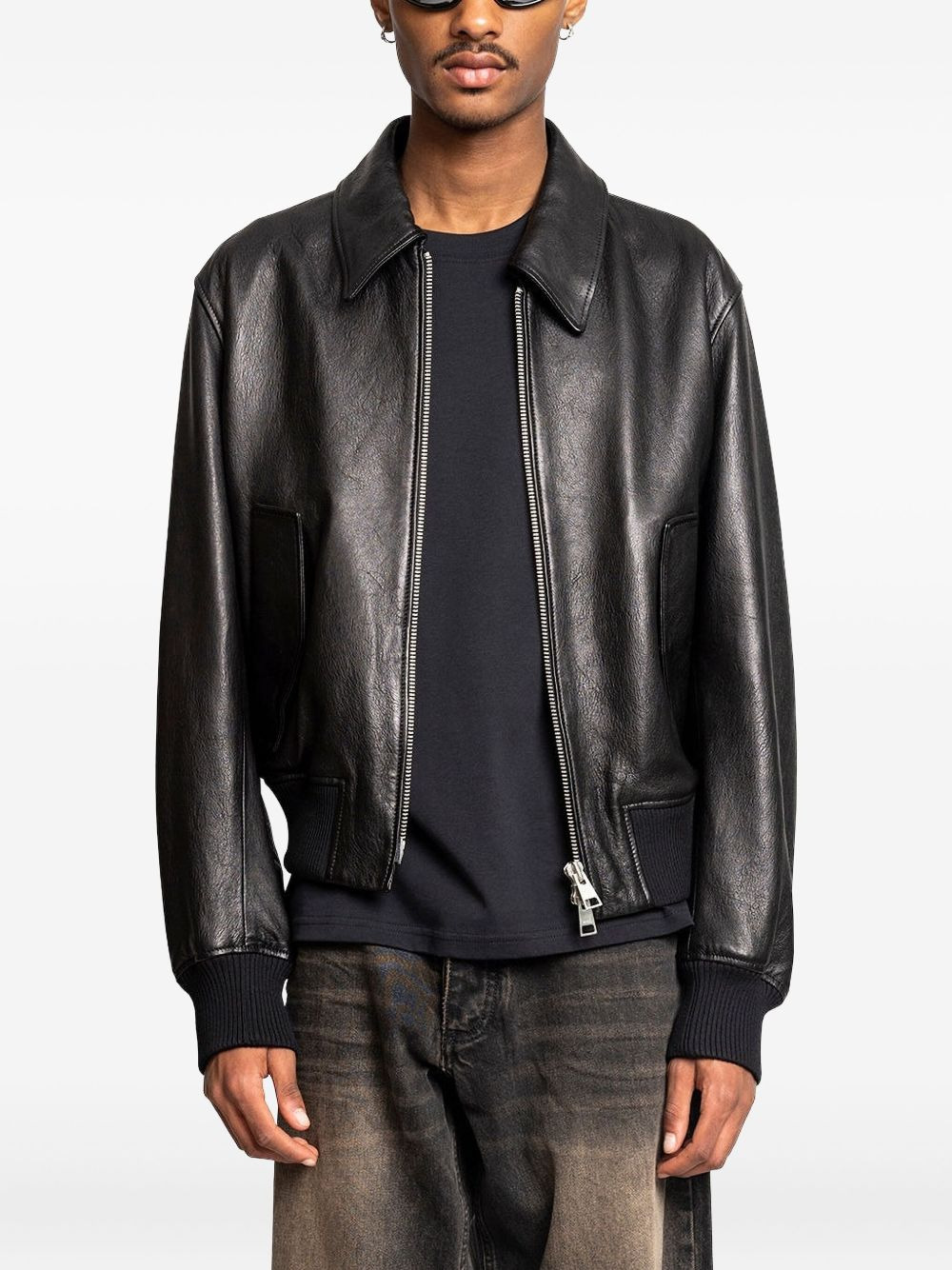 embroidered-logo leather jacket - 1