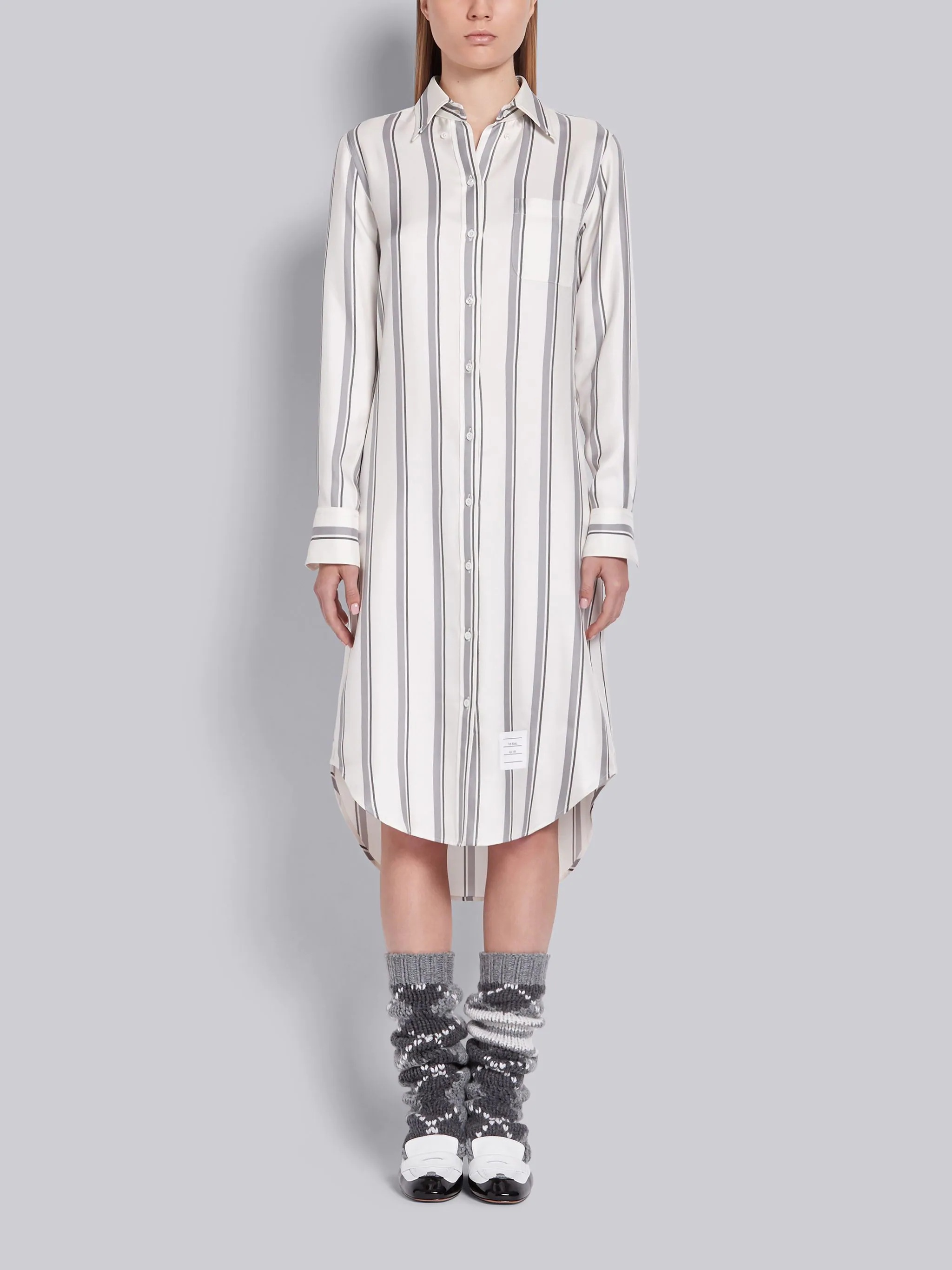 Medium Grey Silk Twill Bold Rep Stripe Long Sleeve Shirt Dress - 7