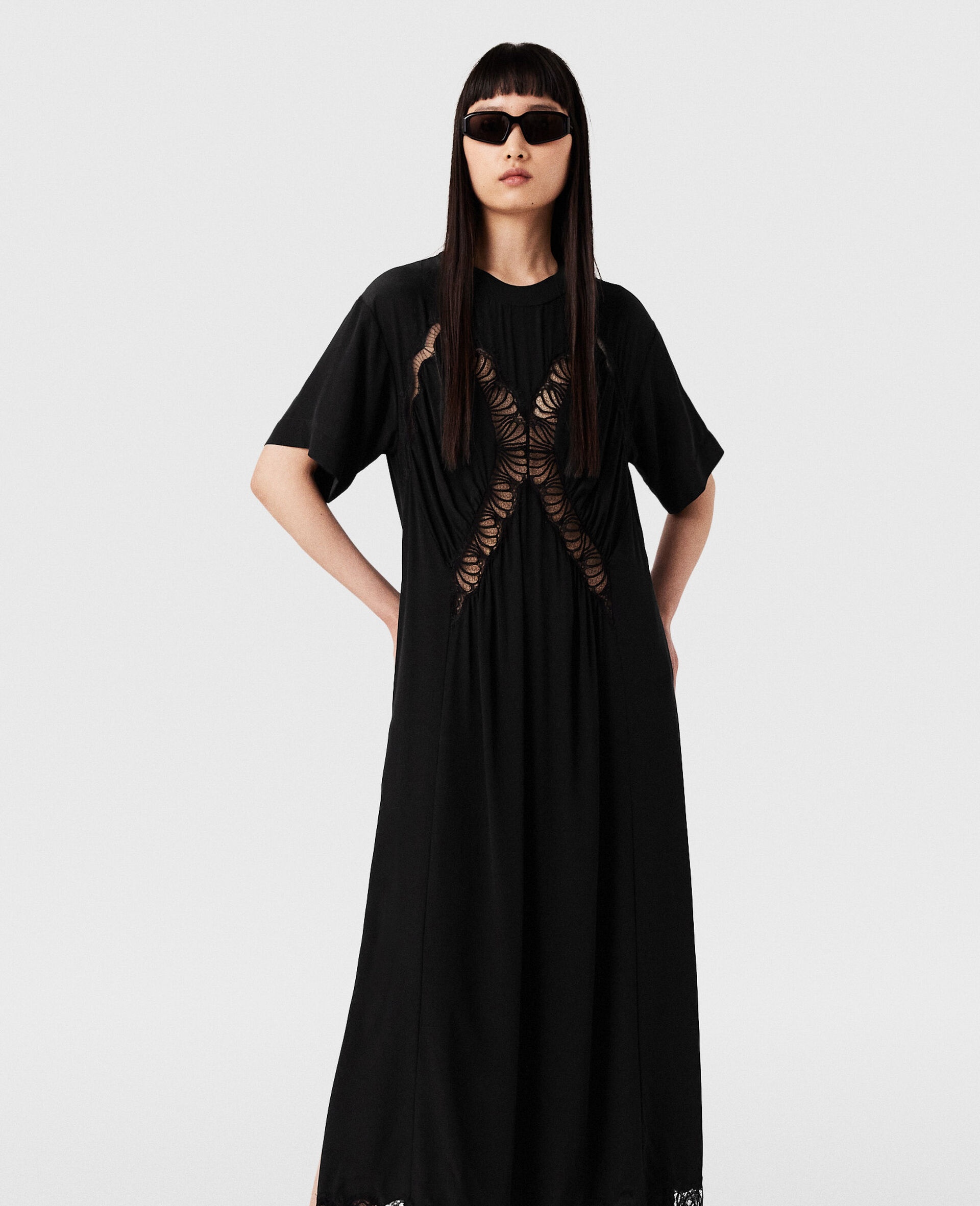 Lace Insert Short Sleeve Maxi Dress - 1