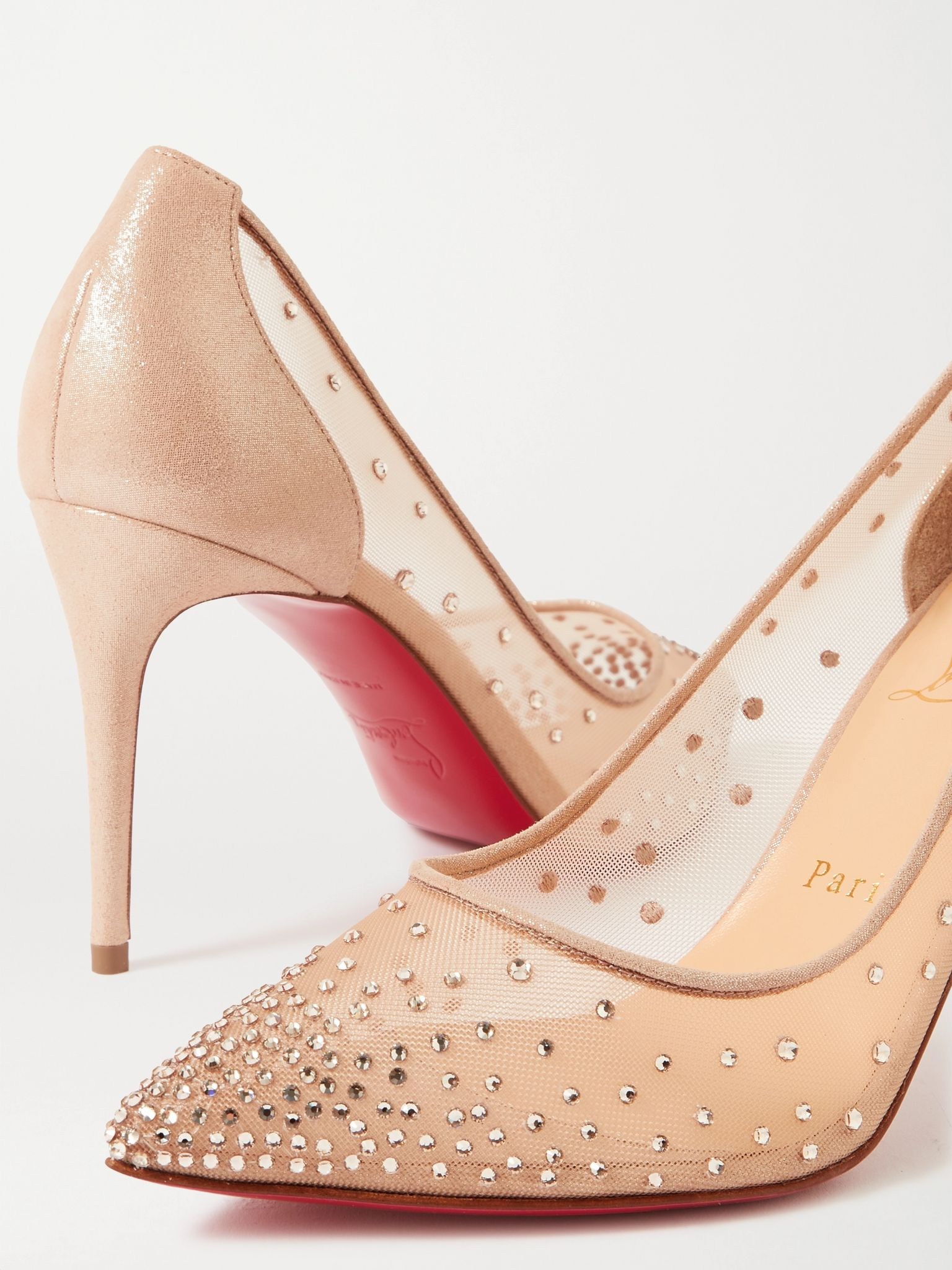 Follies 85 crystal-embellished mesh and glittered-leather pumps Neutral - 4