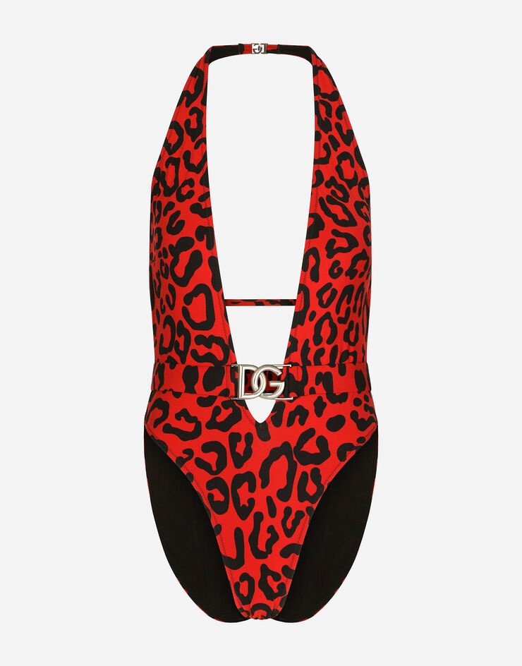 Leopard-print one-piece swimsuit with belt - 1