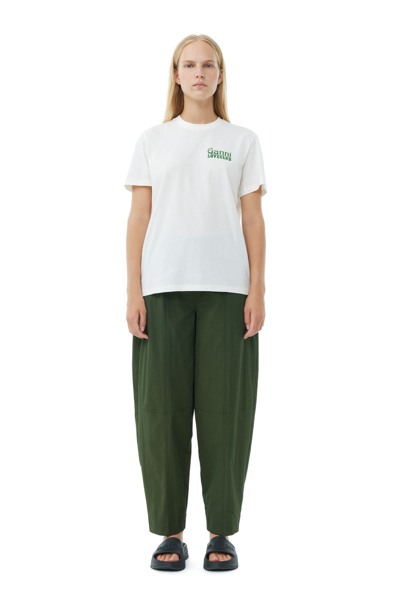 GREEN COTTON CREPE ELASTICATED CURVE PANTS - 2