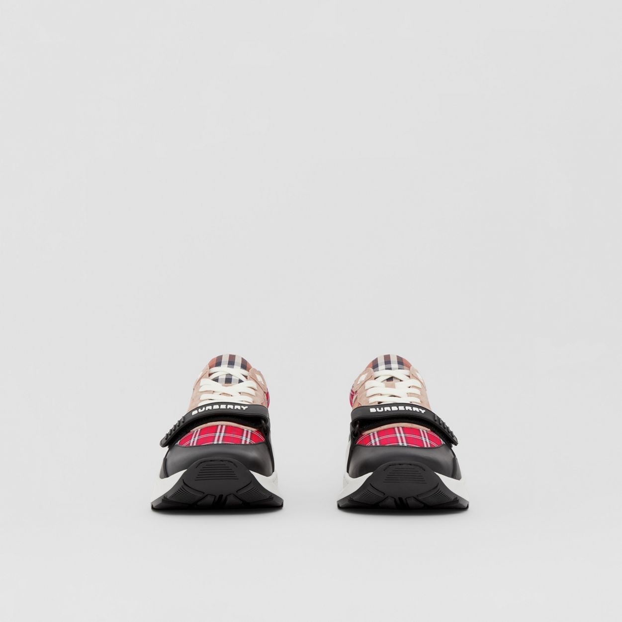 Contrast Check and Leather Sneakers - 4