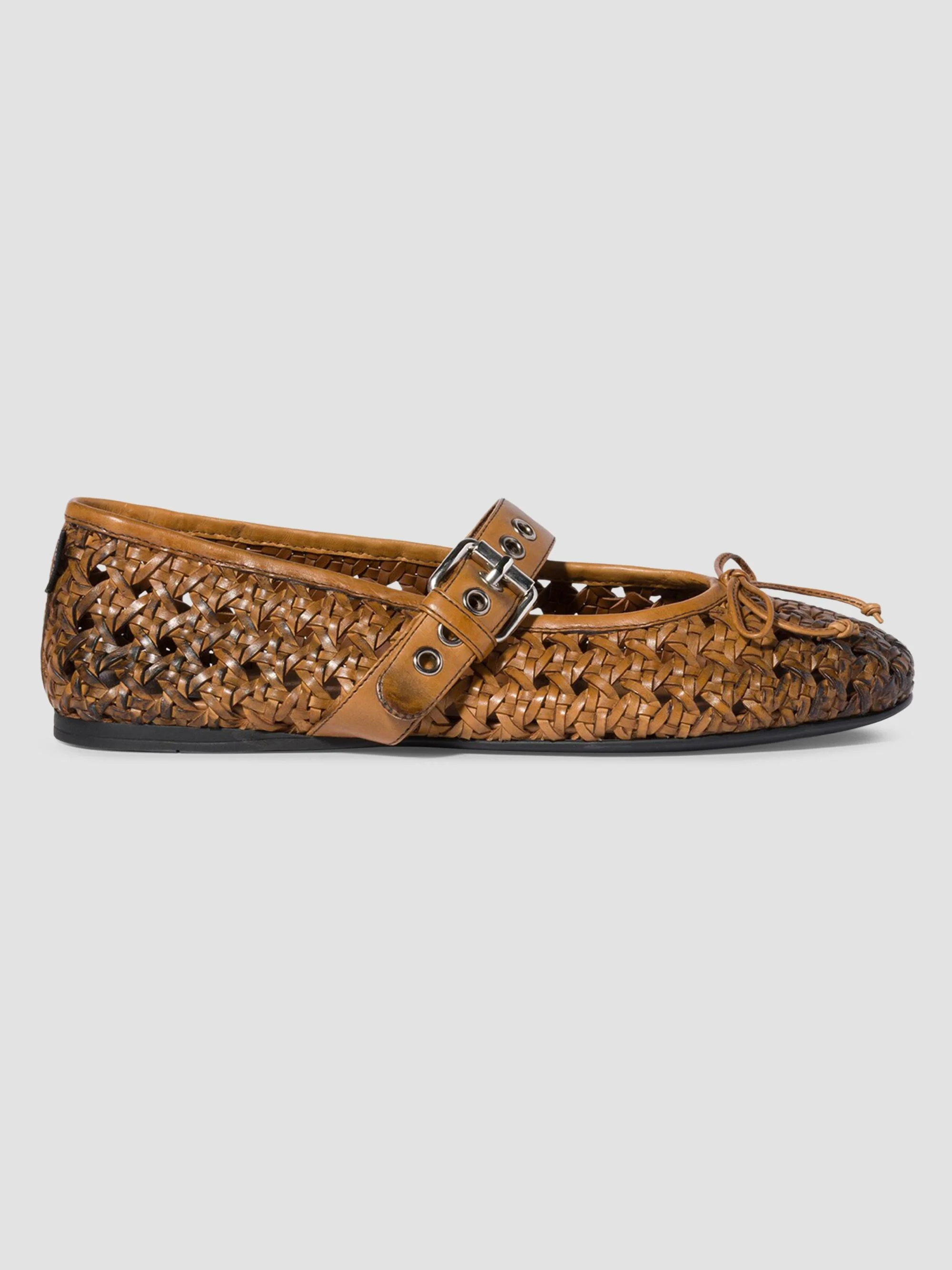 Women's Woven Leather Ballerinas with Strap and Buckle - Brown - 1