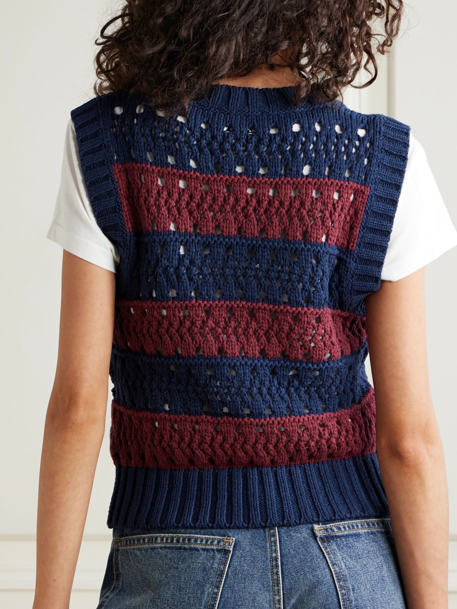 Cropped open-knit recycled cotton-blend vest Blue - 3
