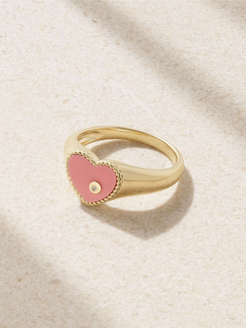 Baby Chevalière 9-karat gold, coral and diamond ring Pink - 1