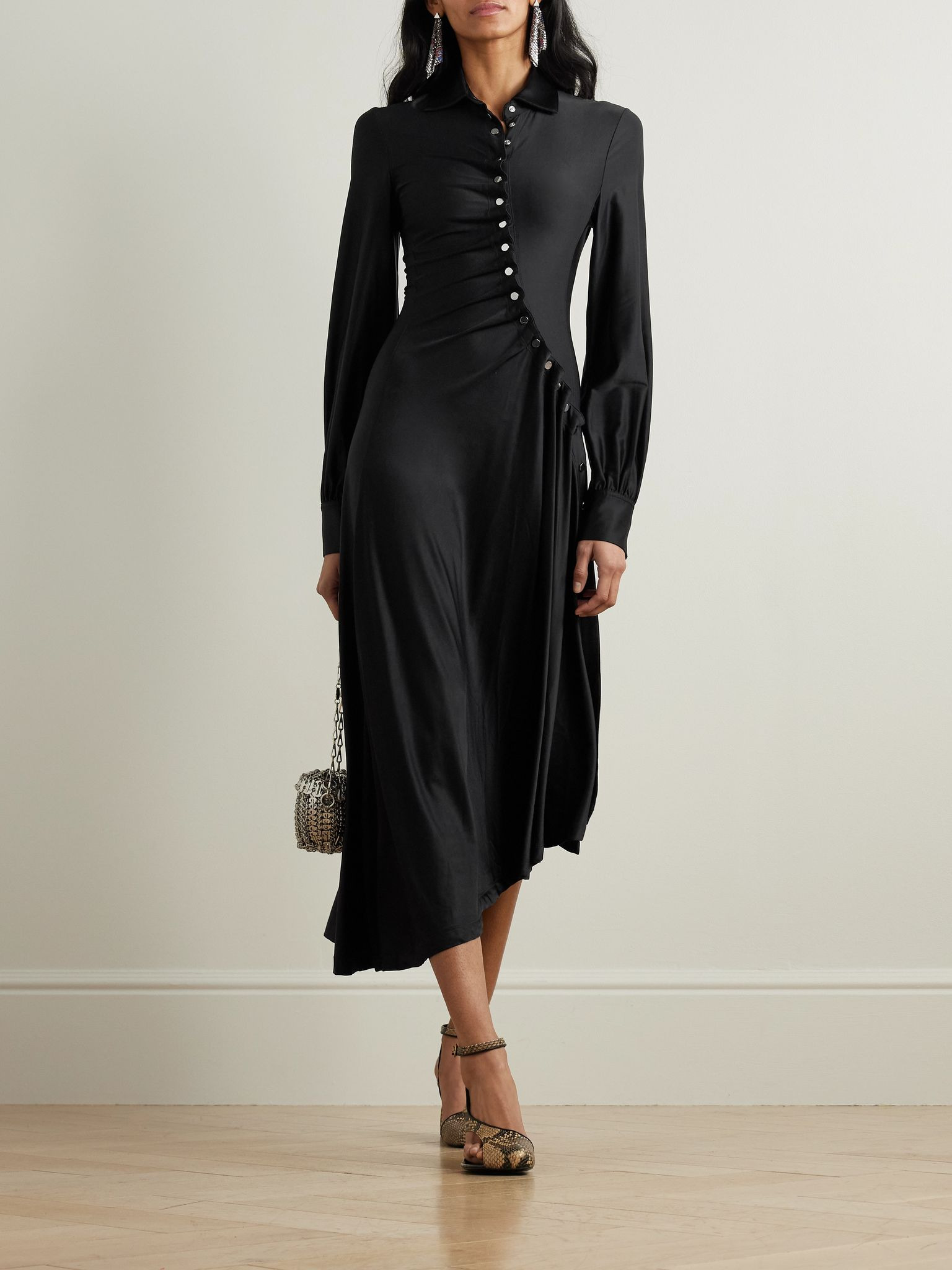 Embellished gathered satin-jersey midi shirt dress Black - 2
