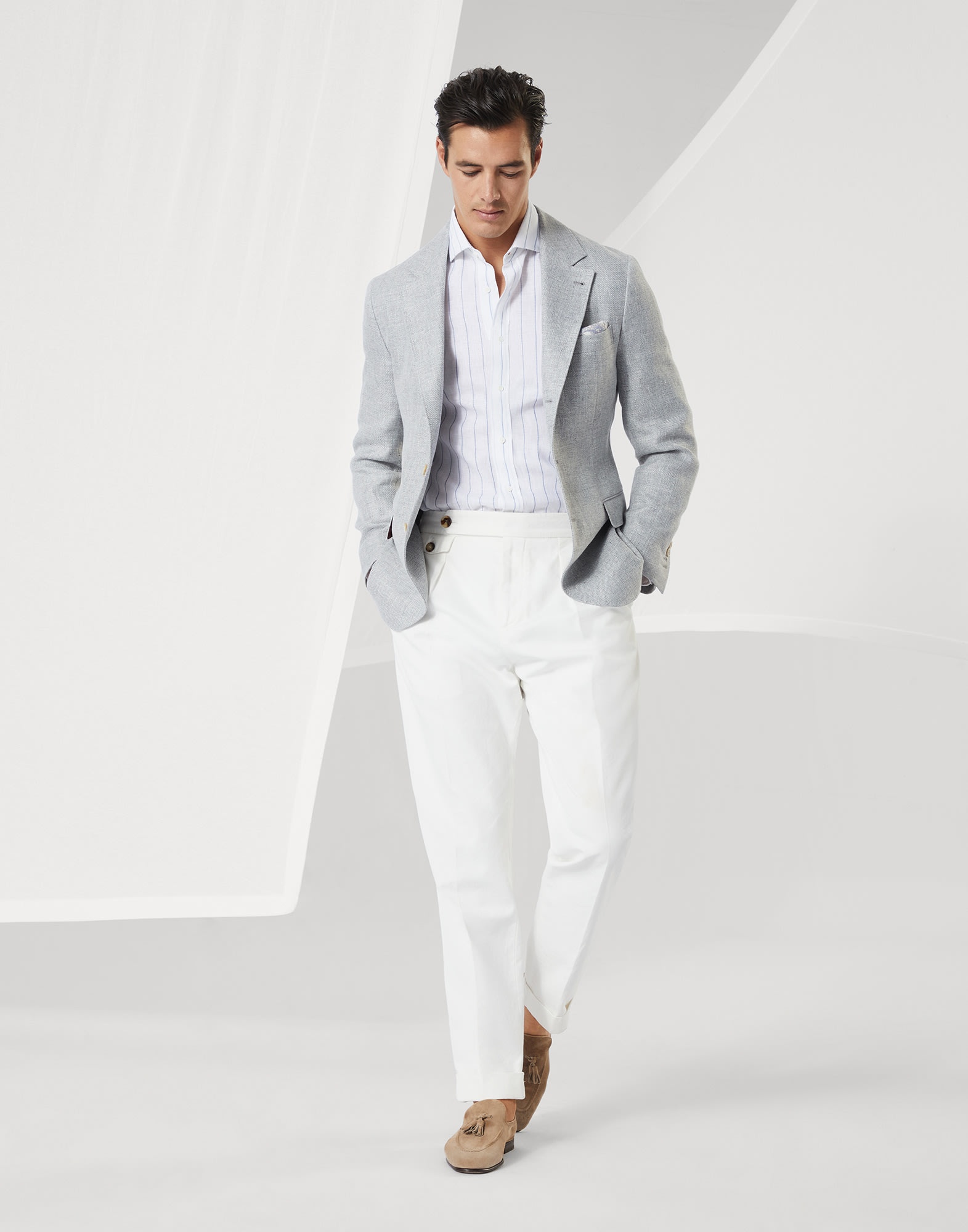 Chalk stripe linen easy fit shirt with spread collar - 5