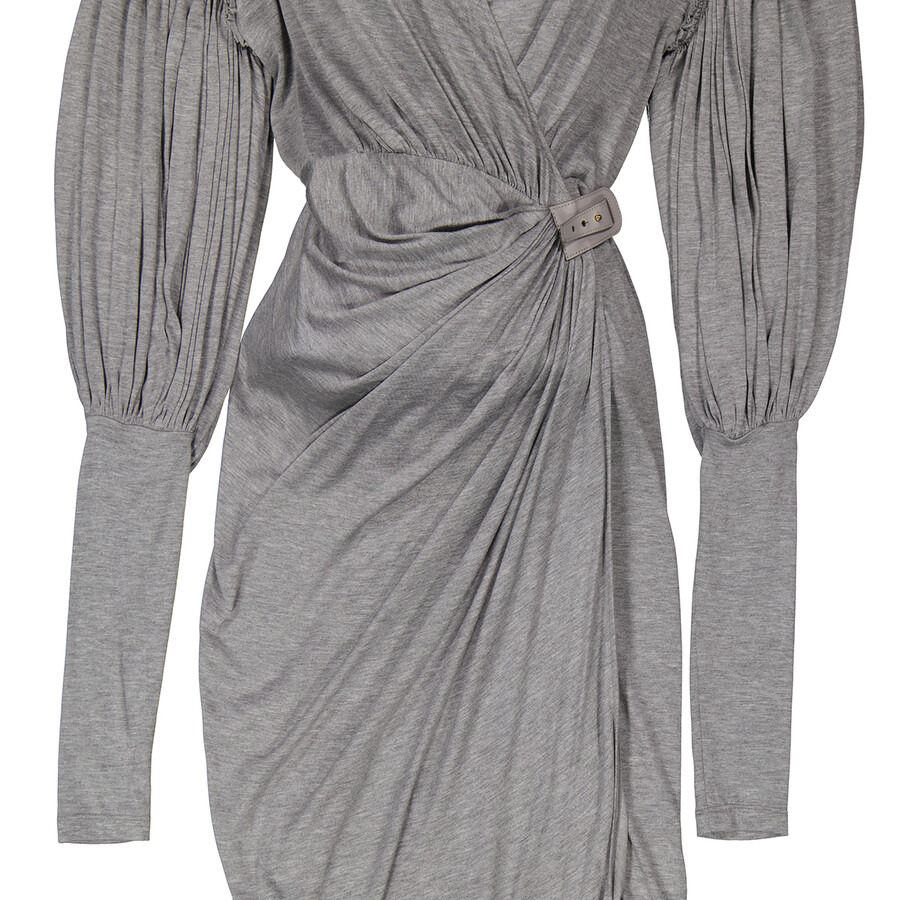 Burberry Ladies Pewter Melange Draped-front Balloon-sleeve Jersey Dress - 8