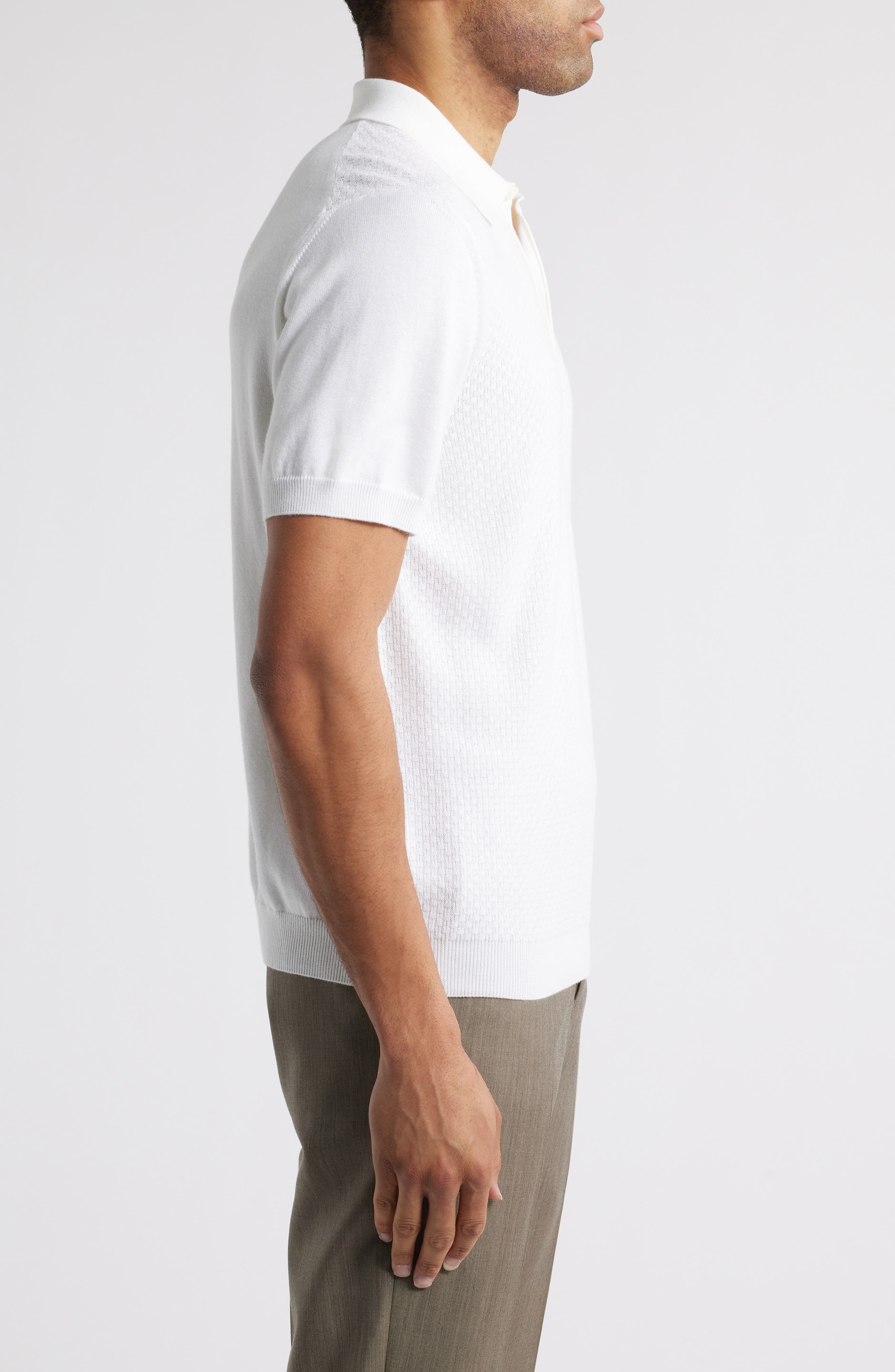 Canali Short Sleeve Textured Cotton & Modal Polo Sweater in White at Nordstrom - 3