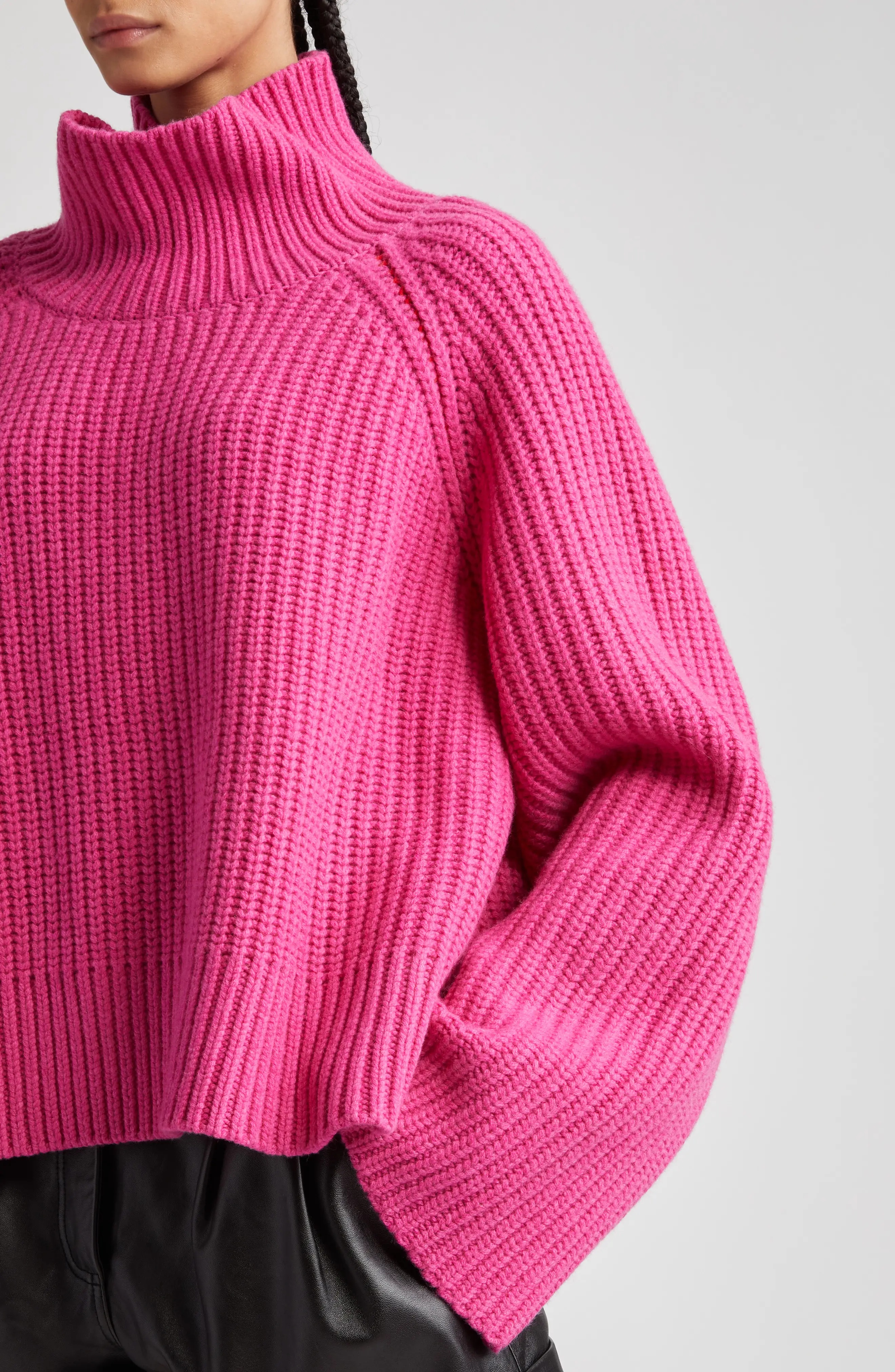 Funnel Neck Crop Wool Rib Sweater in Fuchsia/Bright Poppy - 4