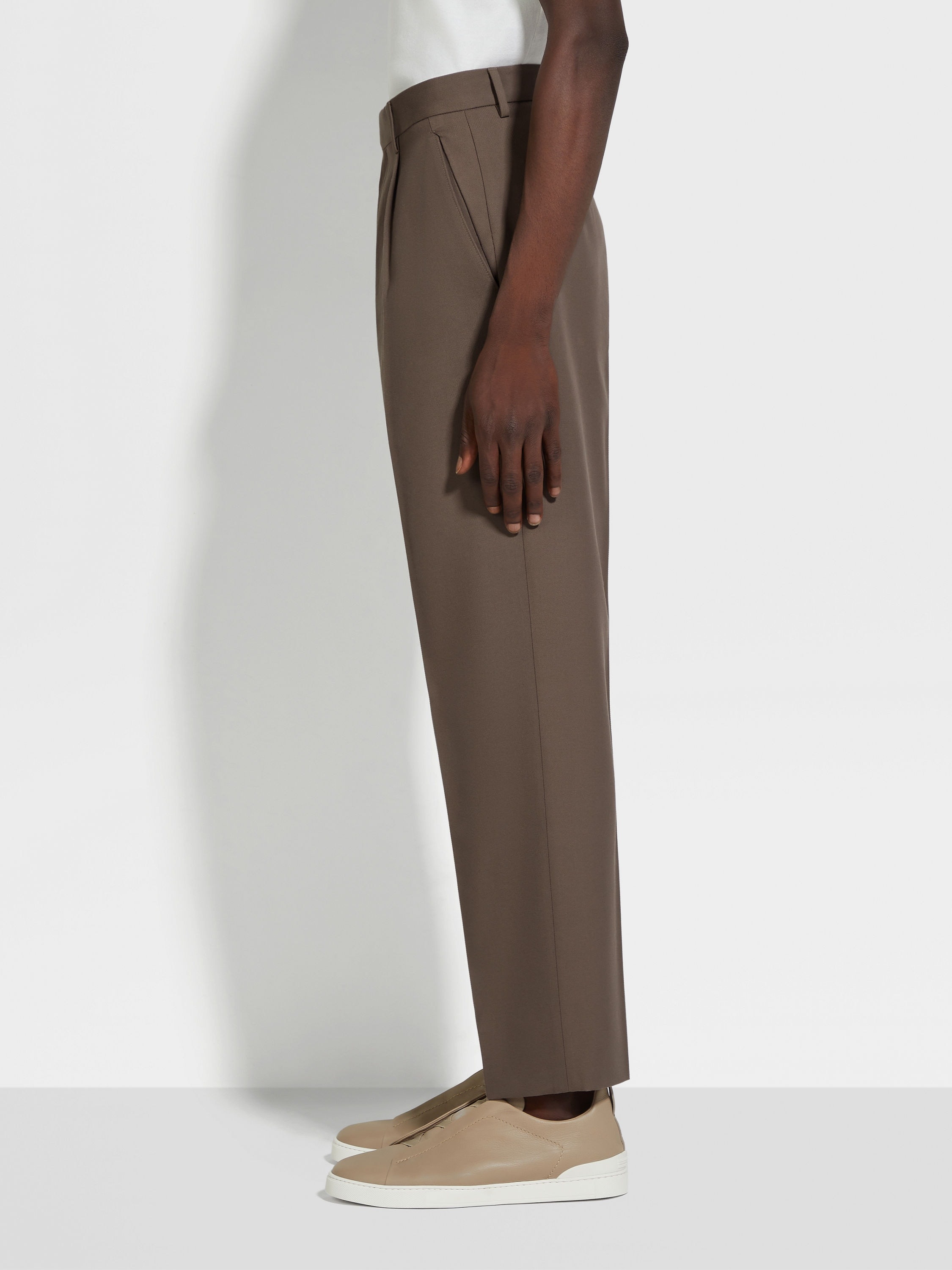 DARK TAUPE COTTON AND WOOL PANTS - 4