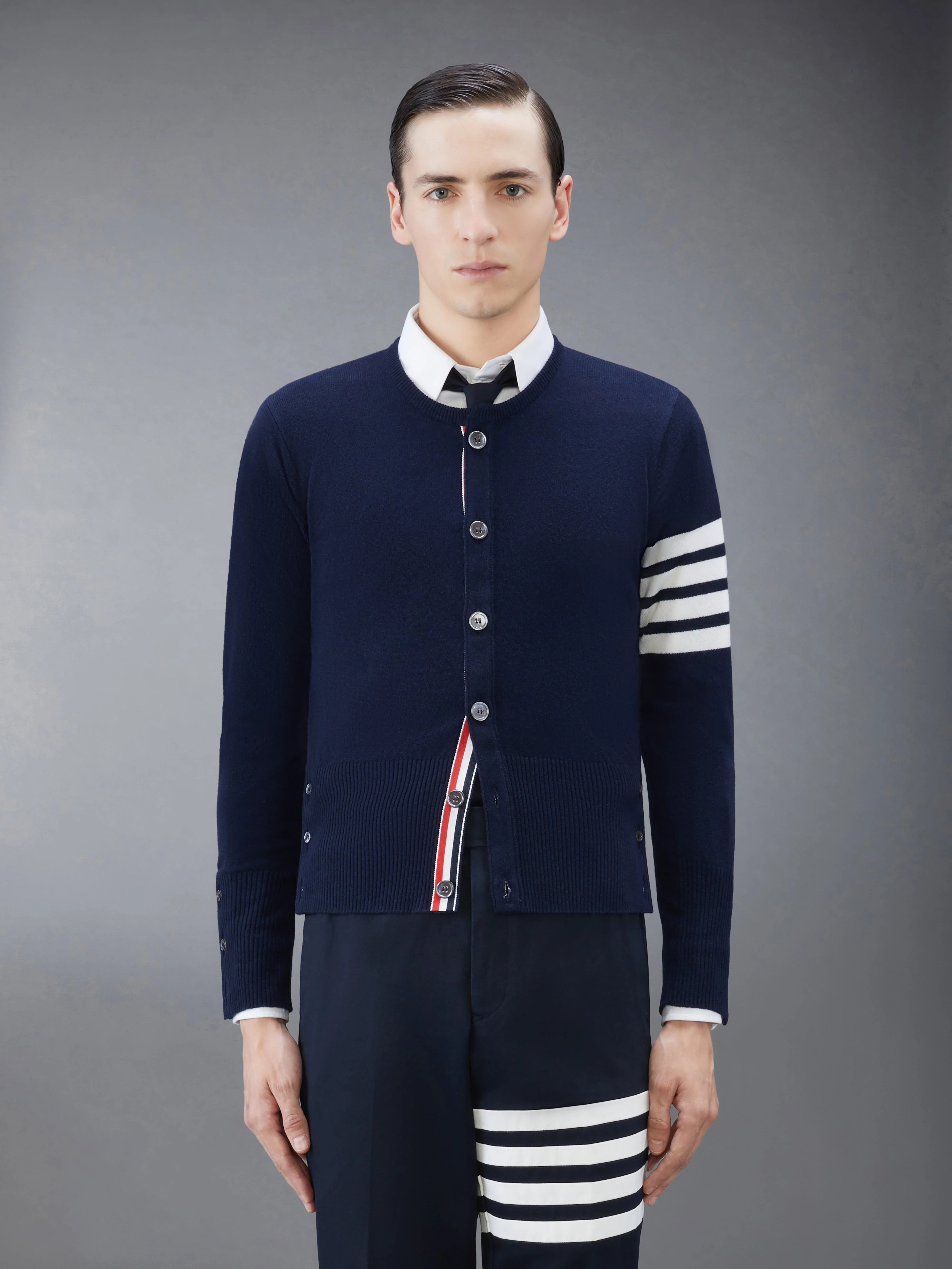 Navy Cashmere Classic 4-Bar Crewneck Cardigan - 1