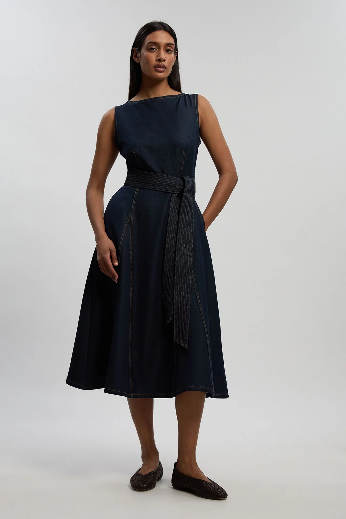 Denim Belted Full Skirt Tailored Dress - 1