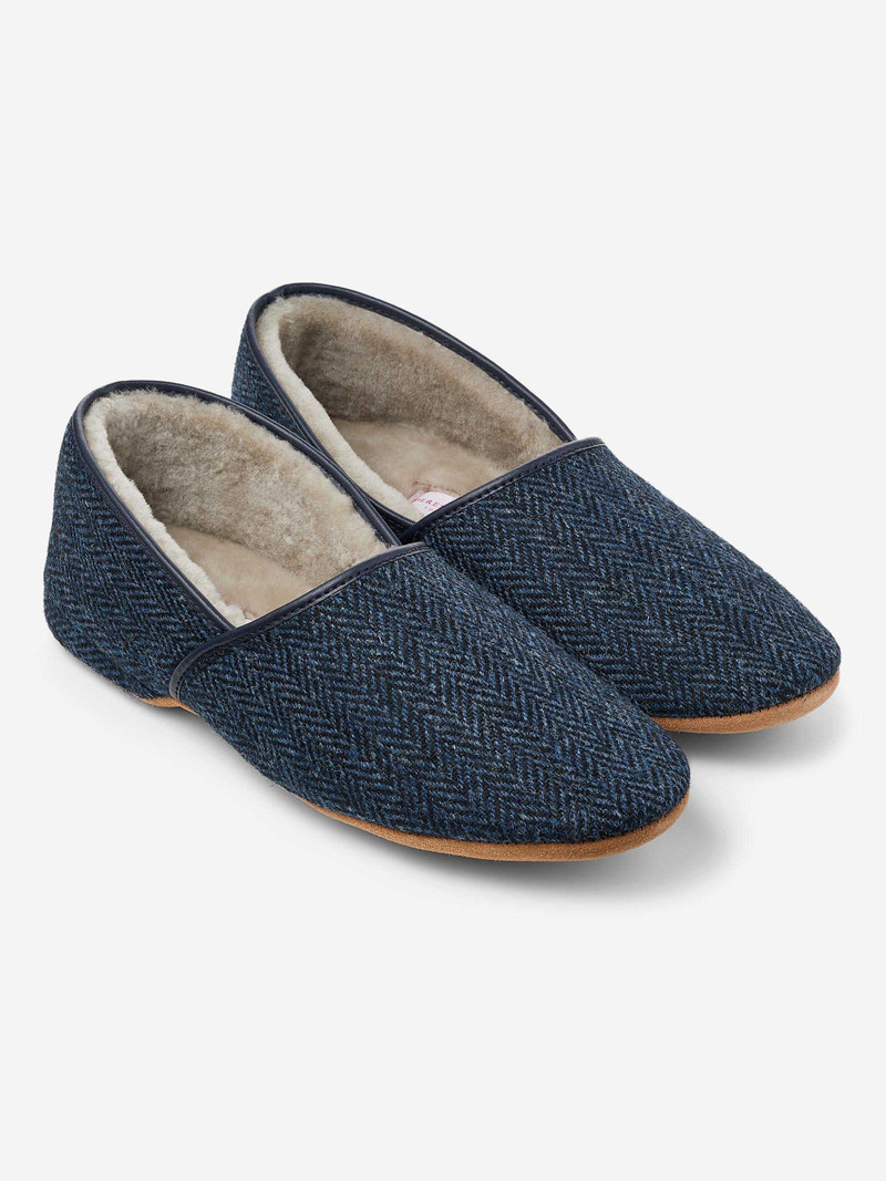 Men's Slippers Crawford 2 Harris Tweed Sheepskin Navy 1