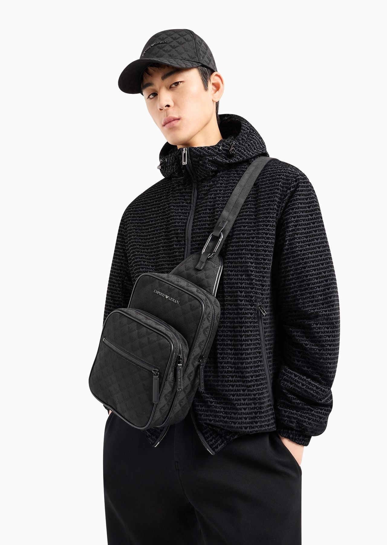 Nylon one-shoulder backpack with all-over jacquard eagle - 7