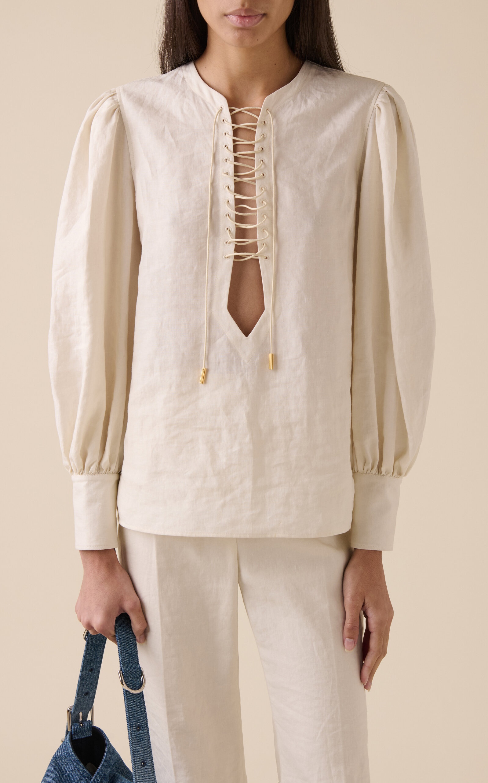 Balloon-Sleeve Lace-Up Linen Shirt neutral - 2